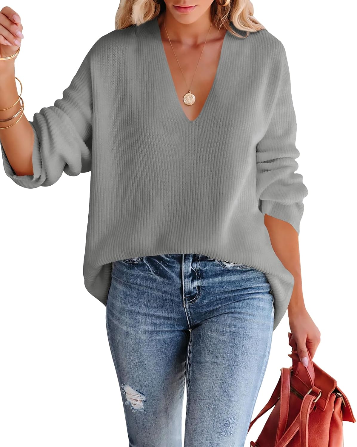 Imily Bela Womens Oversized Deep V Neck Sweaters Sexy Long Sleeve Tunic Sweater Knitted Dressy Pullover Jumper