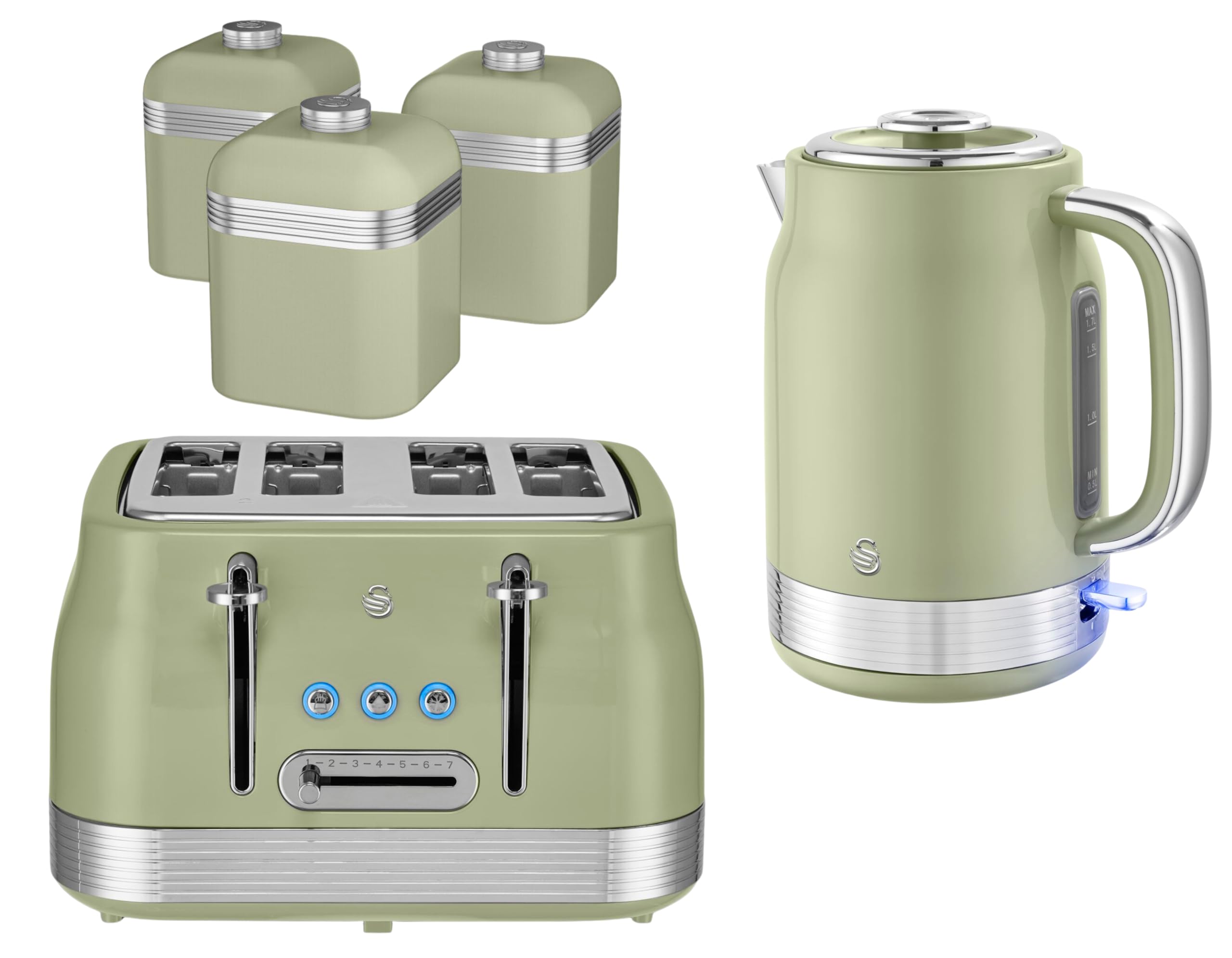 Swan Green Retro Revive 1.7L 3Kw Jug Kettle, 4 Slice Toaster And Retro Canisters. Matching Retro Kitchen Bundle Set In Vintage With Chrome Accents