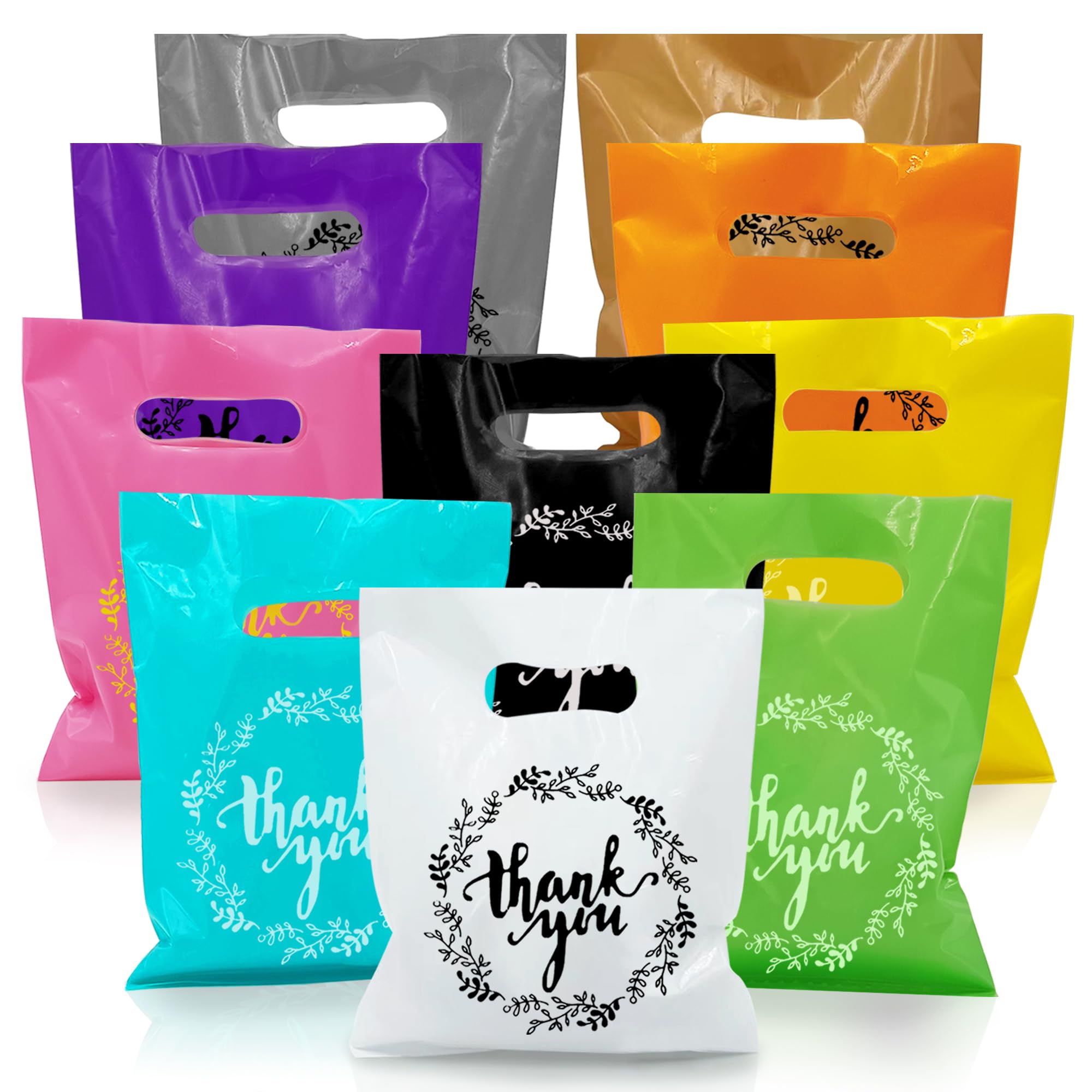 Photo 1 of 100 PCS 10 Colors Plastic Handle Bag Gift Bags Party Favor Candy Cookie Bag for Birthday Party Baby Shower Wedding Gift Shop Retail Bags (10" x 8")