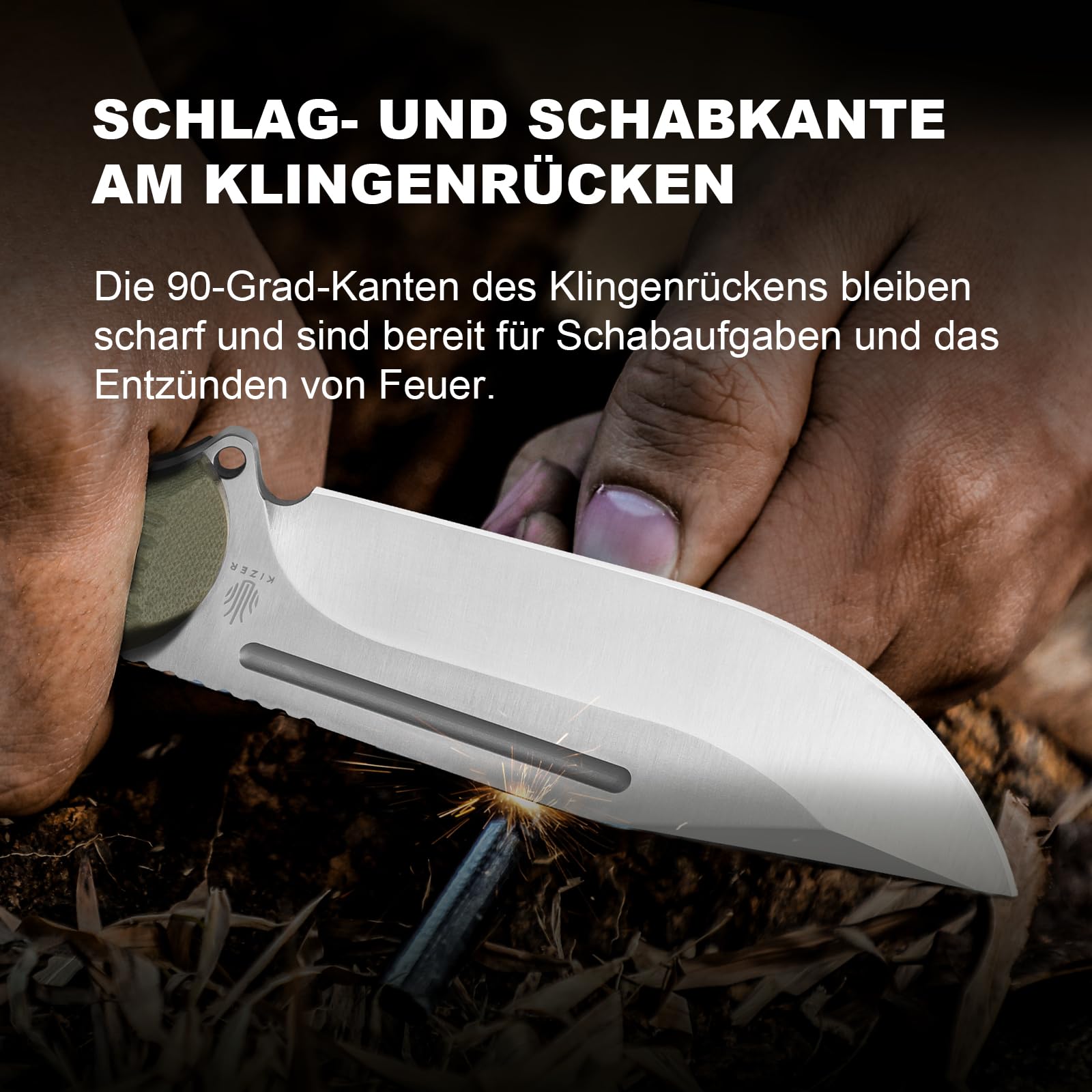 Kizer Ursa Major Survival Outdoor Messer mit Feststehende Klinge, 1082A2 | 11cm Clip Point AEB-L Klinge mit Ergonomischem Olivgrün G10 Griff, Bushcraft Messer mit Scheide & Hexagon Loch für Camping