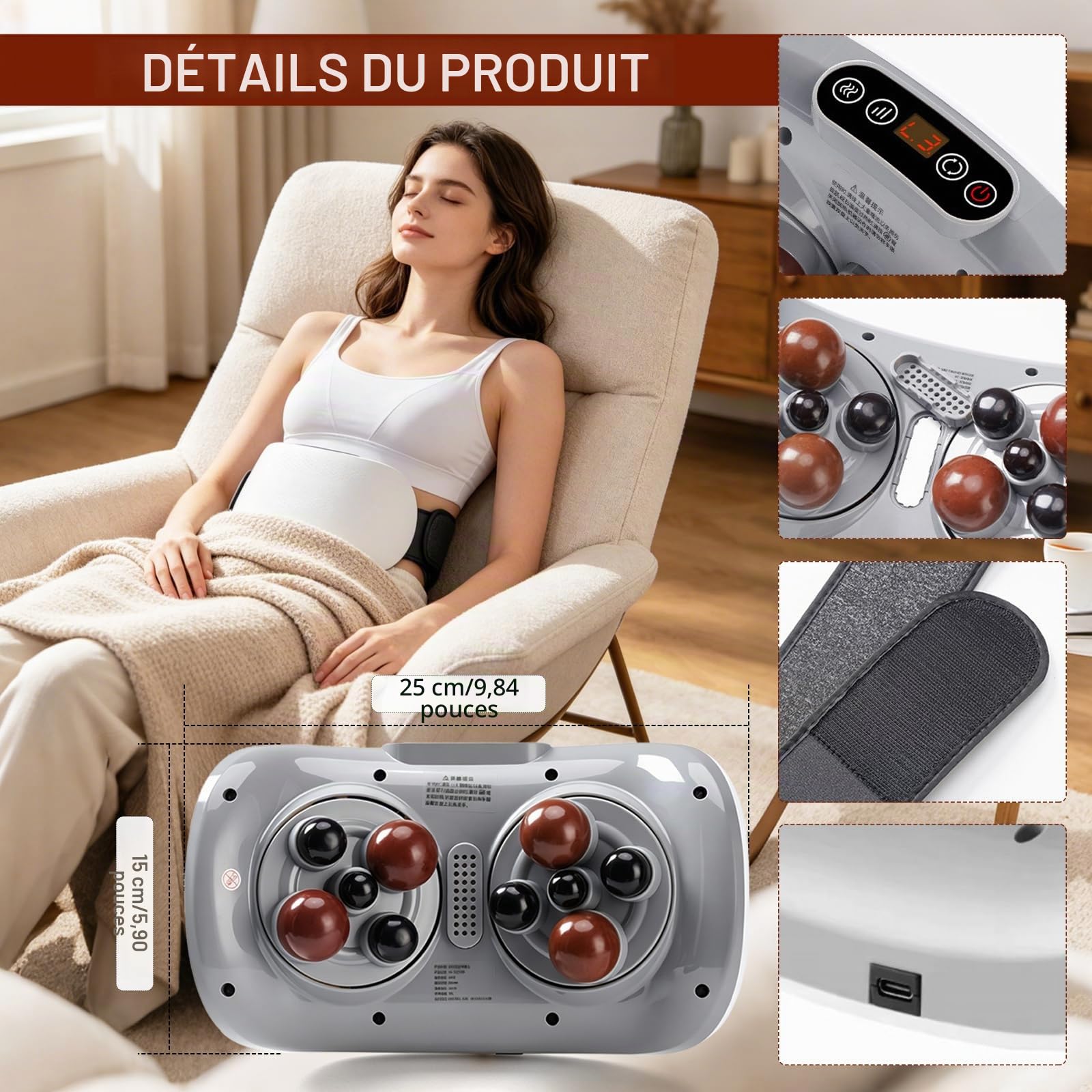 Masseur Abdominal, Masseur Rechargeable de 2000 mAh avec Deux Disques et Têtes de Massage en Pierre Bian Appareil de Massage Abdominal avec 3 Niveaux D'intensité pour Abdomen Taille Hanches et Jambes
