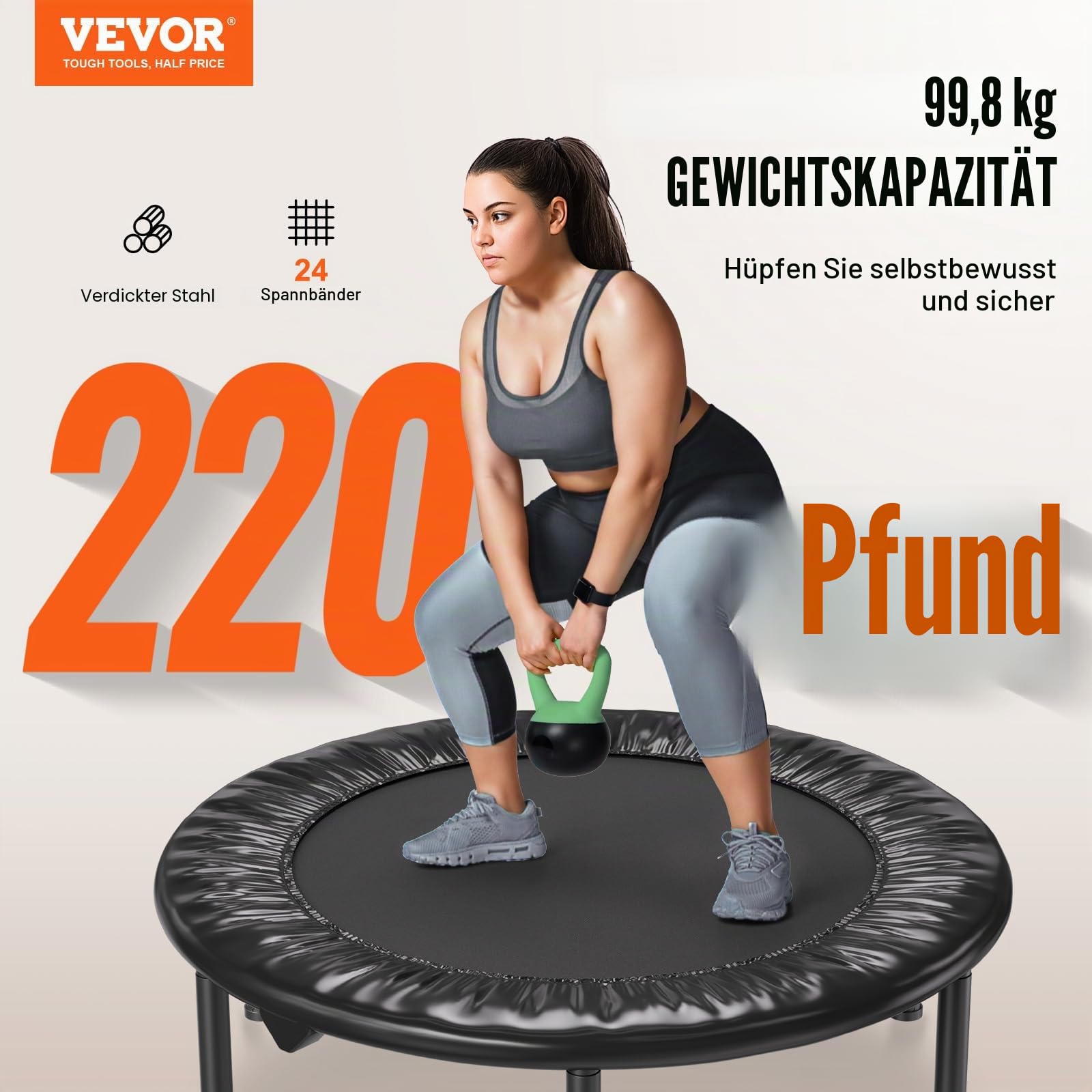 VEVOR Faltbares Mini-Trampolin Fitness-Rebounder 934 mm, 100 kg belastbares Trainingstrampolin, Rebounder Sport Trampolin für Erwachsene für Indoor-/Gartentraining