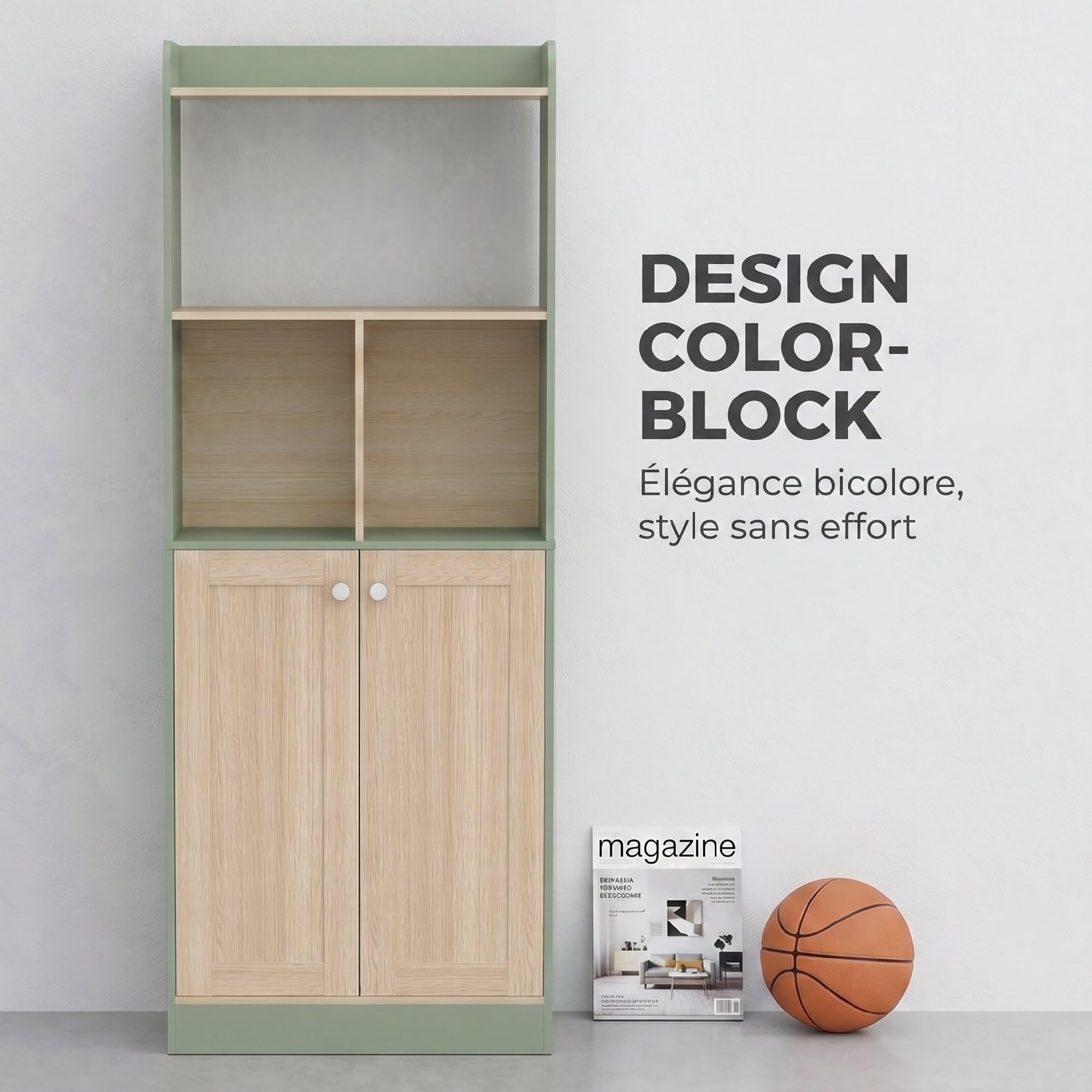 HOMCOM Libreria 5 Ripiani 2 Ante 60x30x161.2cm Verde Legno Naturale