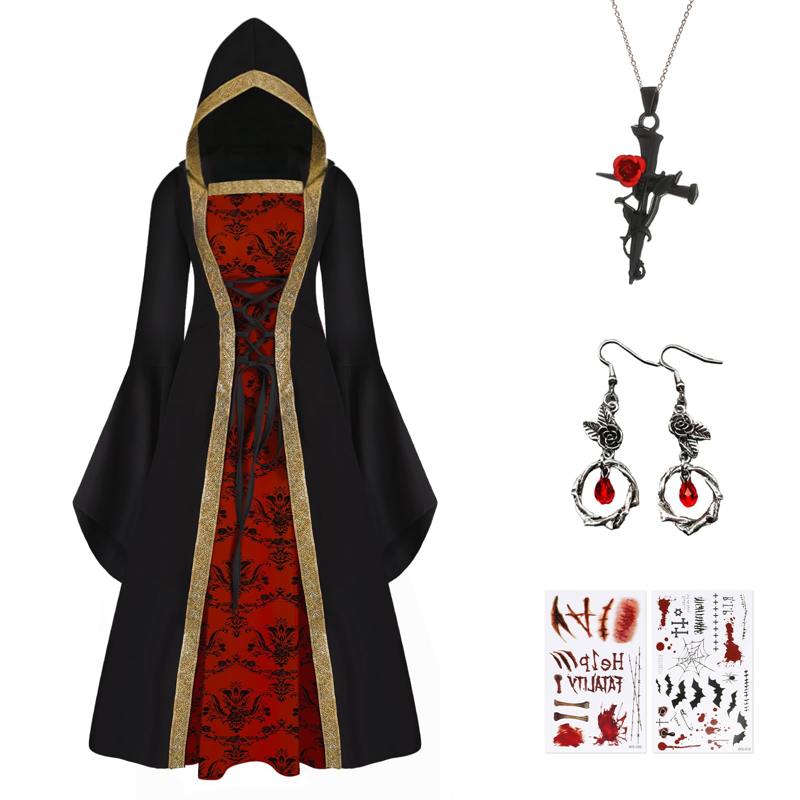 IEEILULU Vestito Vampira Donna, Vestito Medievale Donna Costume Vampiro, Costumi Halloween con Collana e Orecchini, Costumi per il Ballo in Maschera di Halloween