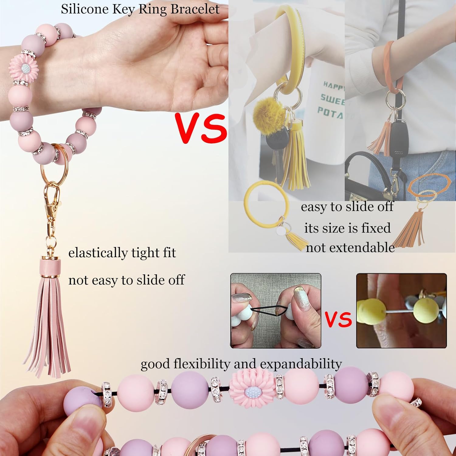 BIHRTC Key Ring Bracelet Car Keychain Holder Wristlet Silicone Women Beaded Bangle Chains - Image 4