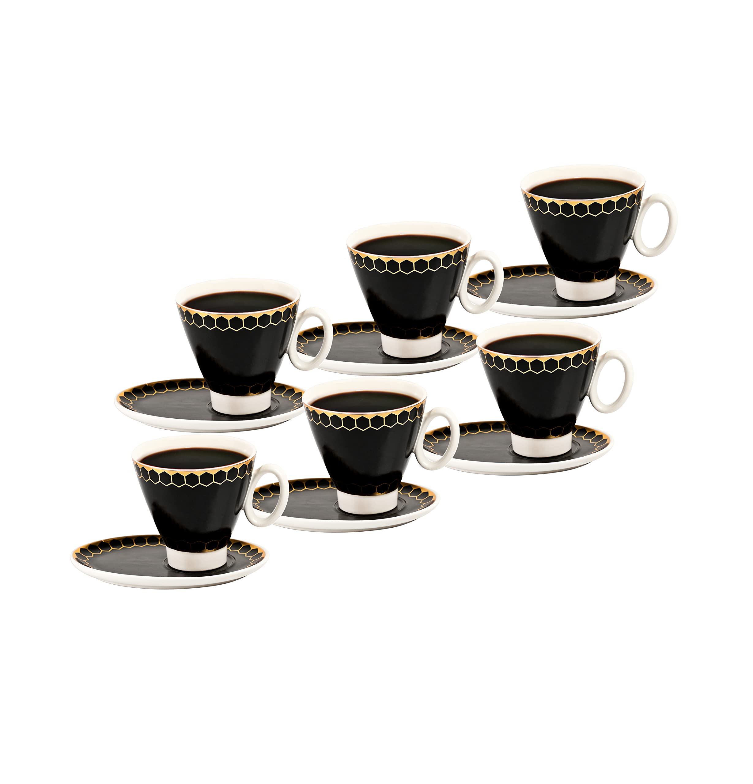 LIFE SMILE Coffee Cups wirh Saucer 6 Pieces Set 100ml, Arabic Traditional Porcelain cawa Cup, Elegant Black & Gold Design espresso cup, Dishwasher Safe, Oven Safe