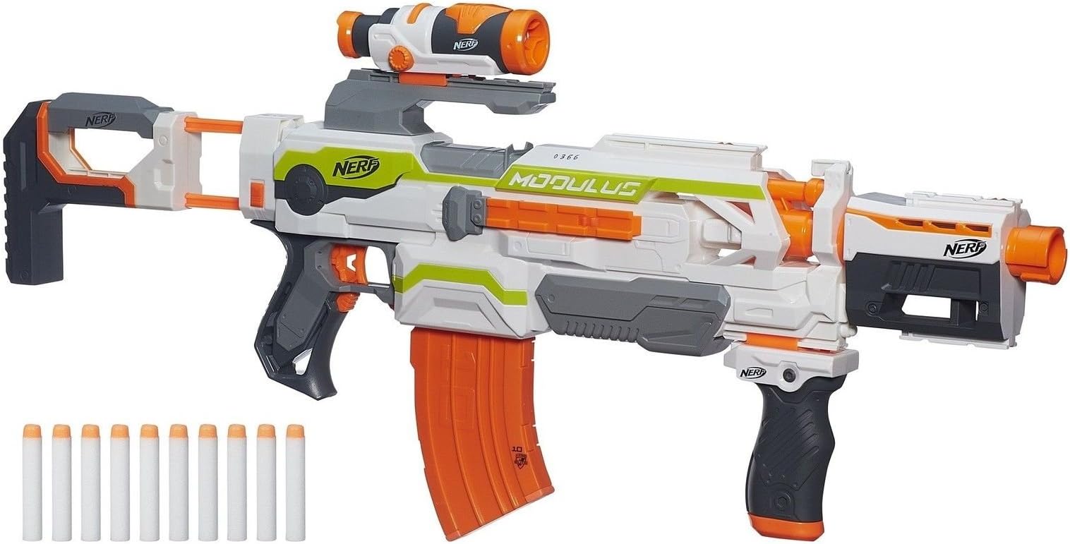 Nerf Modulus ECS Motorized Blaster, Removable Scope, Drop Grip, Barrel, Stock, 10-Dart Clip (Amazon Exclusive)