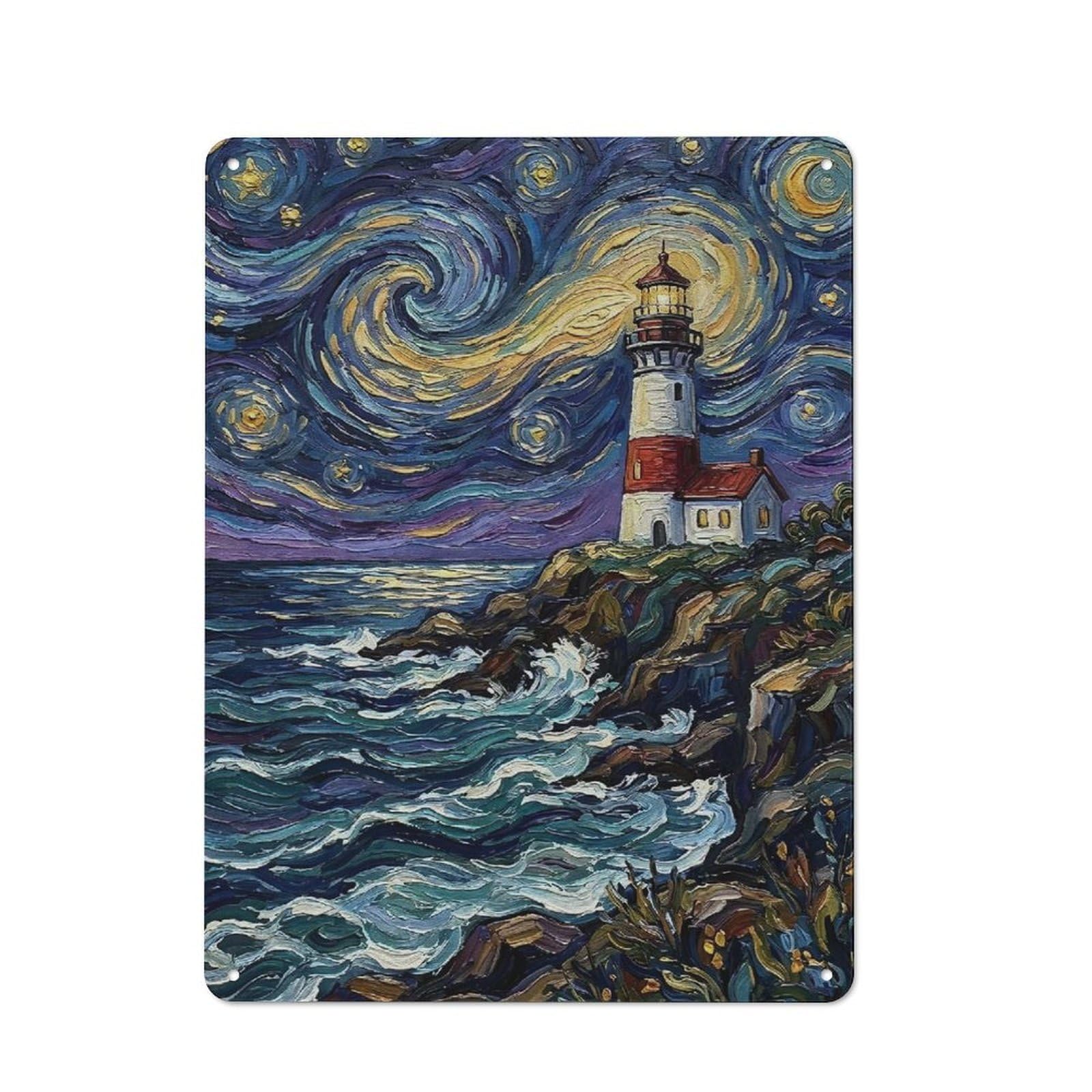Junmoney Style-5 Friendly Cafe Metal Sign 40X30cm Featuring Starry Night Lighthouse Painting, Cafe Wall Decor For Tea Room, Shop Wall Or Breakfast Area
