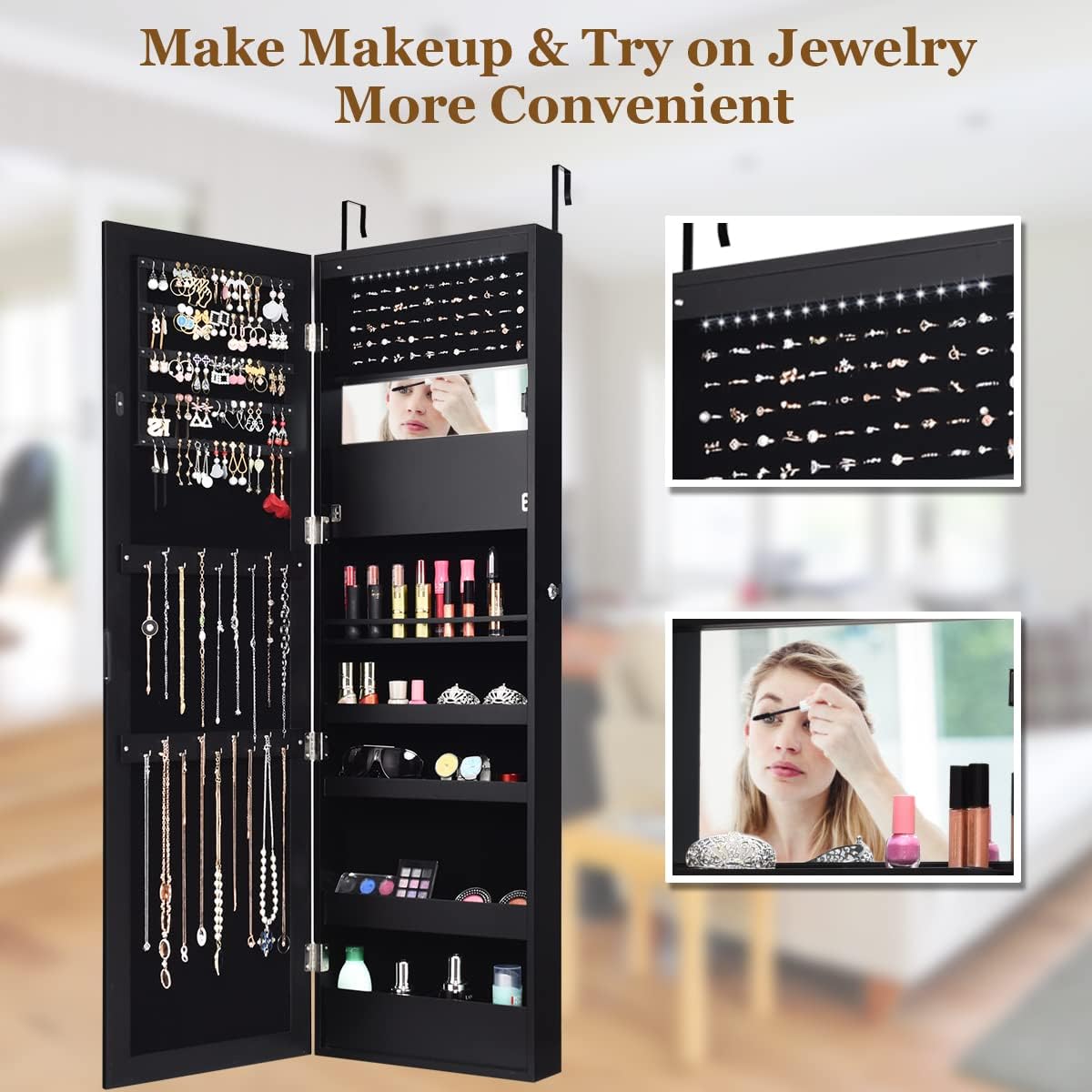 GOPLUS 2 en 1 Armoire à Bijoux avec Miroir, Organisateur de Bijoux Mural avec Lumières LED Automatiques, Armoire de Rangement Cosmétiques Verrouillable pour Chambre, Vestiaire (Noir)