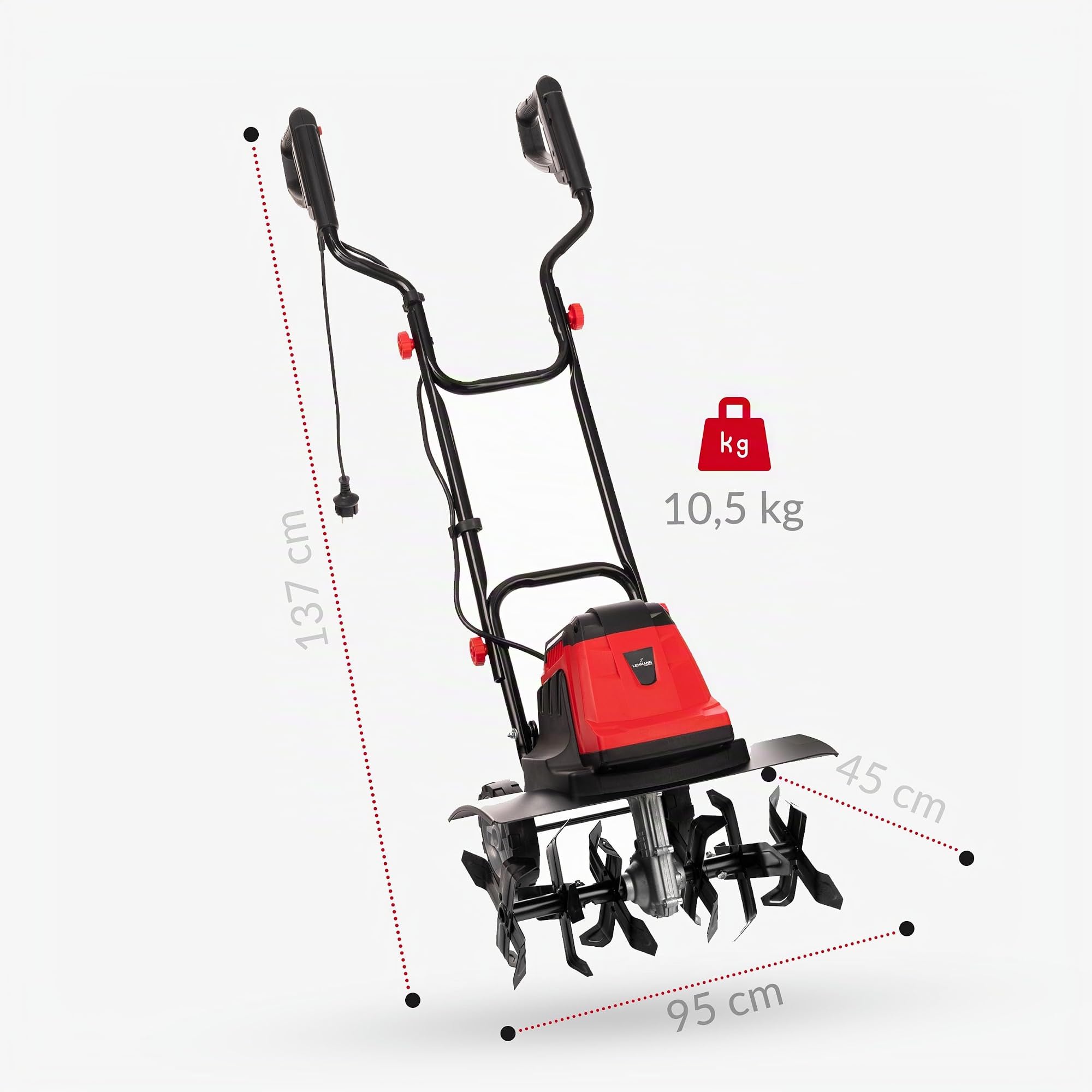 LEHMANN Elektro Bodenhacke, 1800 W, Motorhacke mit 45 cm Arbeitsbreite & 22 cm Arbeitstiefe, 24 Messer, klappbarer Holm, Gartenfräse mit Transporträdern zum Umgraben und Auflockern, Rot/Schwarz