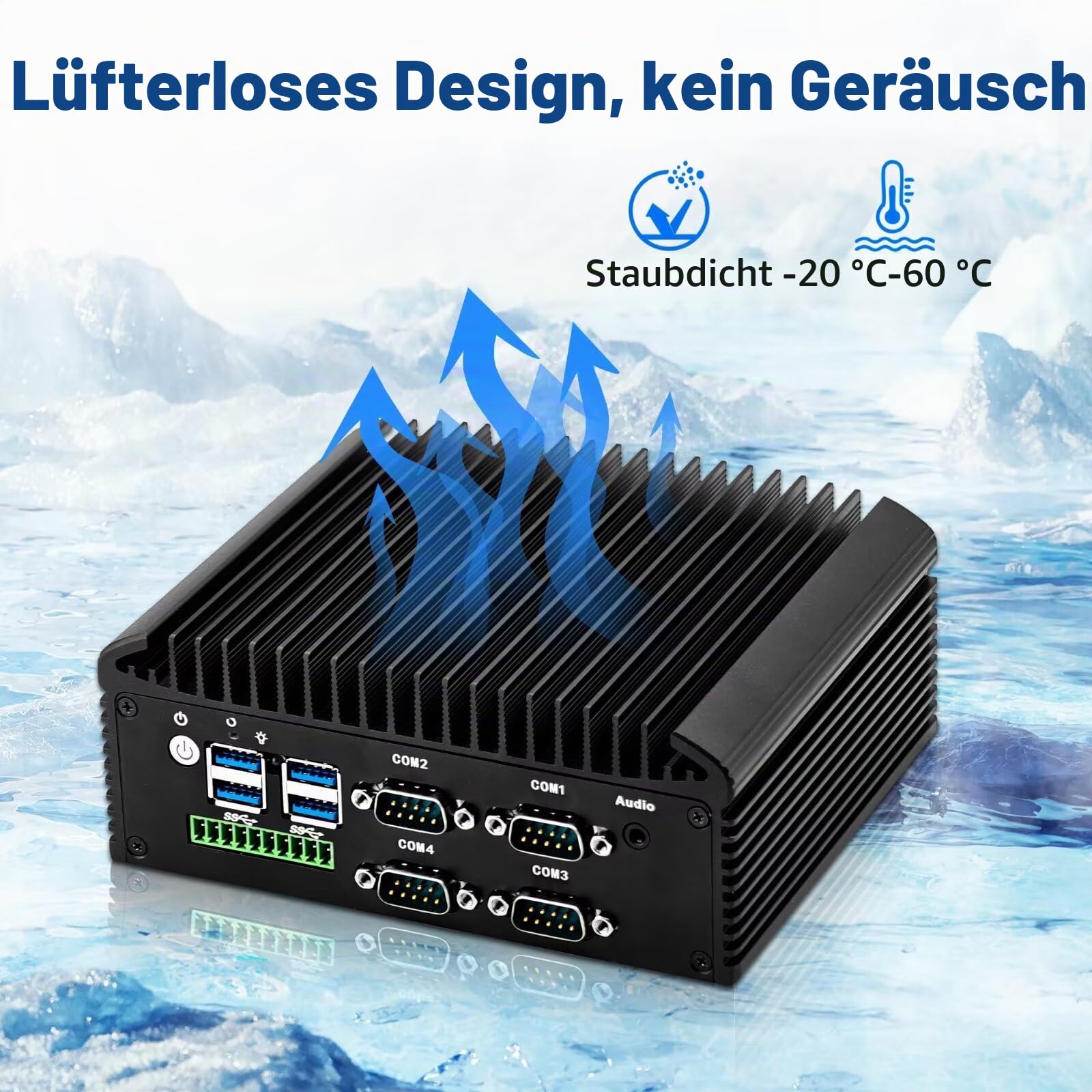Mini PC Lüfterlos N150 (N100 Upgrade), DDR4 8GB RAM 128GB NVMe SSD, 2 Gigabit LAN Lüfterlos Industrie PC, Linux Fanless Desktop Computer, 4 x RS232 COM, 4USB3.0, 2USB2.0, Auto Power On