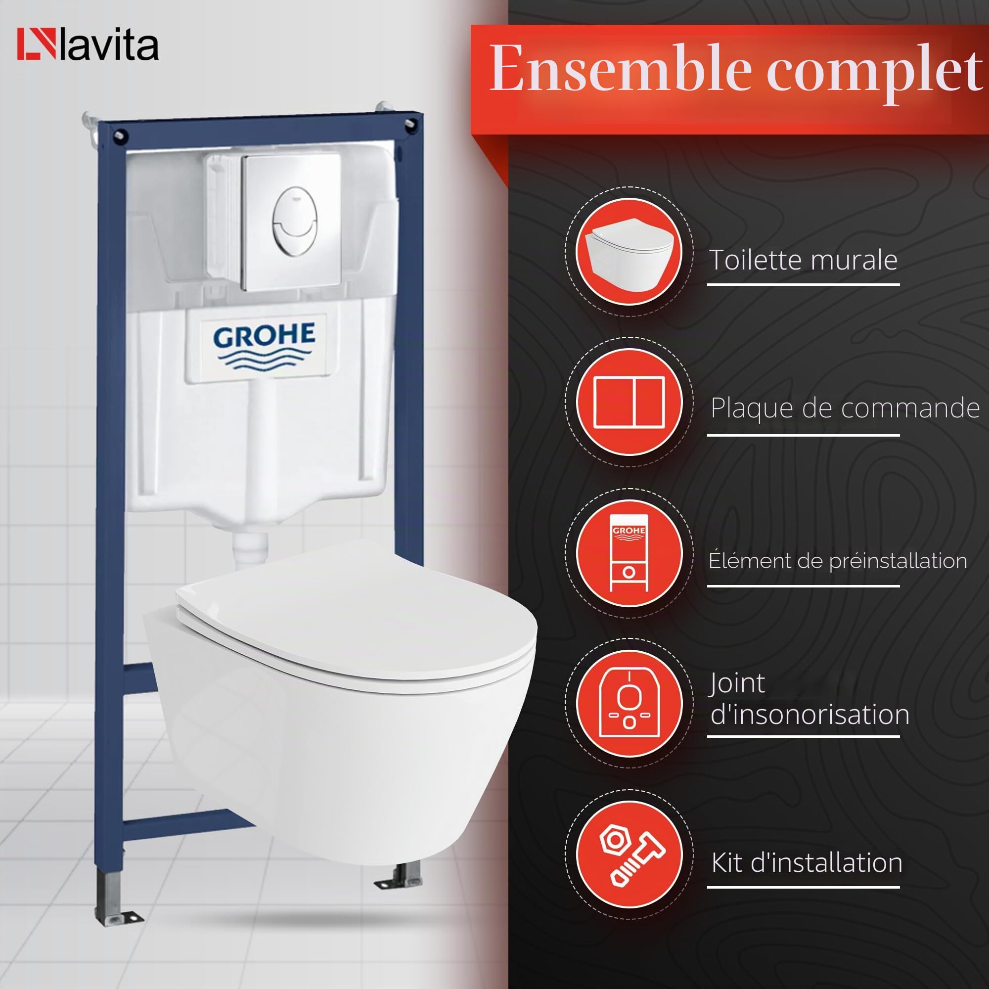 Lavita,Élément mural Solido Start + WC suspendu mural Praia blanc sans bord + abattant WC SoftClose,Bouton chromé,Kit complet,Réservoir de chasse encastré,Kit complet,WC complet,
