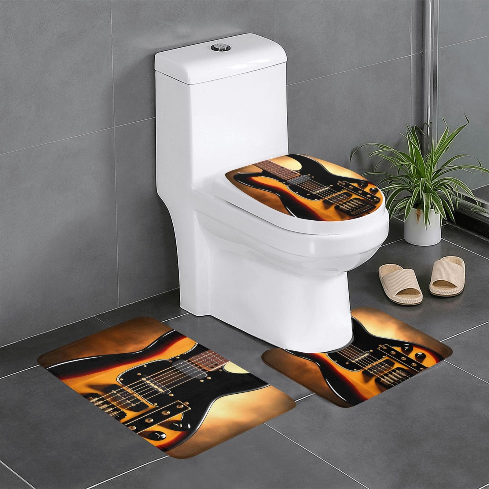 Tapis de bain antidérapant lot de 3 avec contour WC motif guitare pour salle de bain