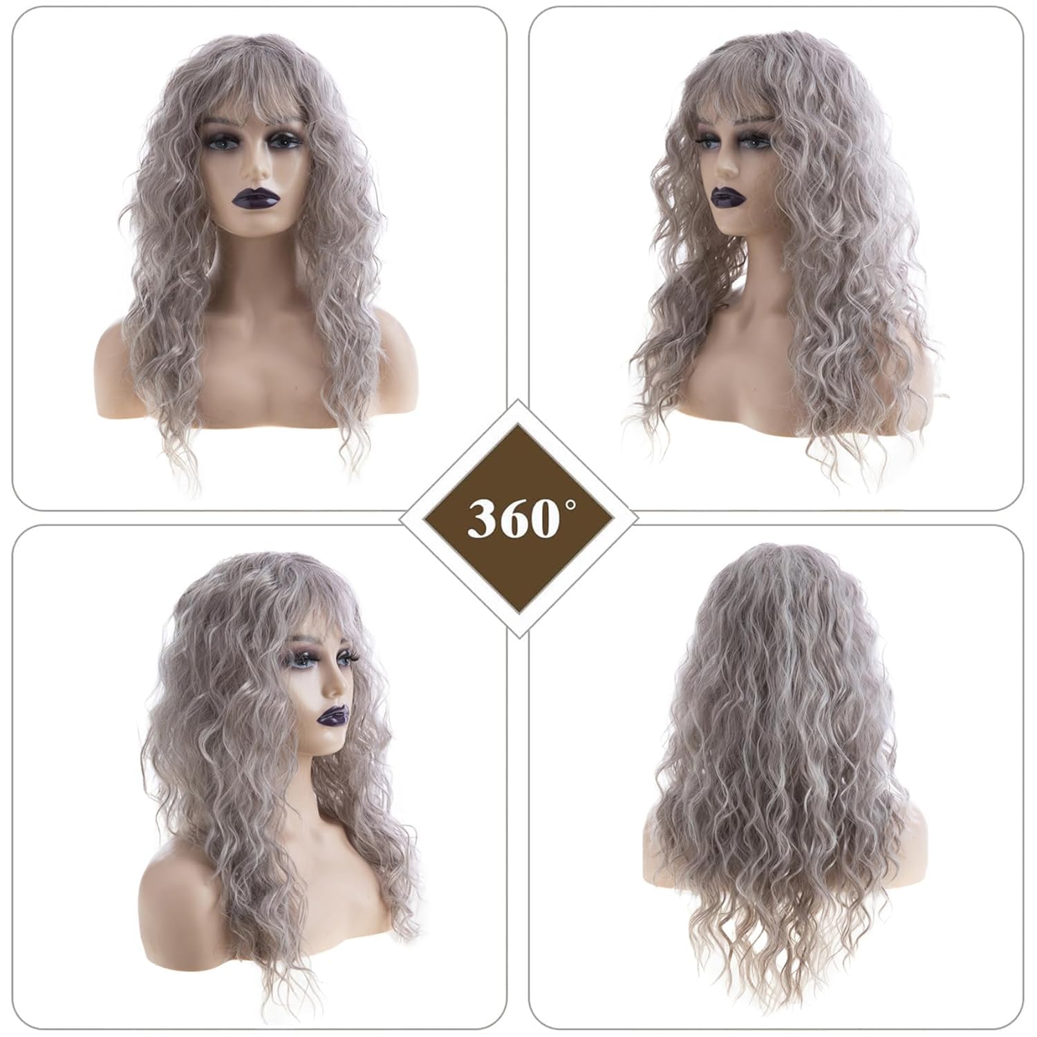 Qnbiar Long Curly Wavy Women Wig with Bangs Synthetic Heat Resistant Halloween Cosplay Party Hair Wig,Grey - Image 2