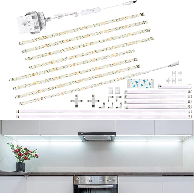 WOBANE LED Under Cabinet Lighting Kit,Flexible 8*30cm LED Ribbon Lights Bar,Under Counter Lights for Kitchen,Cupboard,Desk,Showcase,Shelf,DIY Rope Lights,1200lm Cross Light,6000K White,144 LEDs