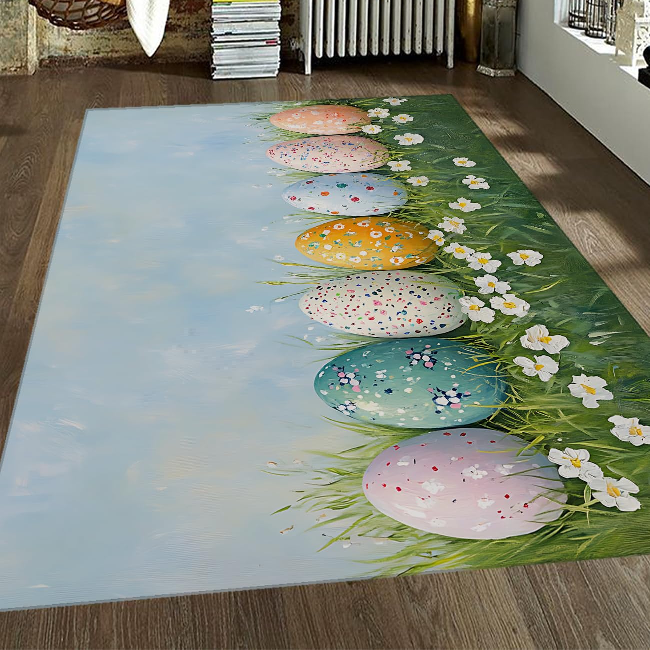 Tappeto di area soggiorno lavabile 120x180cm Modern Easter Egg Spring Stamp Colorato Motivo floreale Pavimento interno sottile per casa colonica Nursery Home