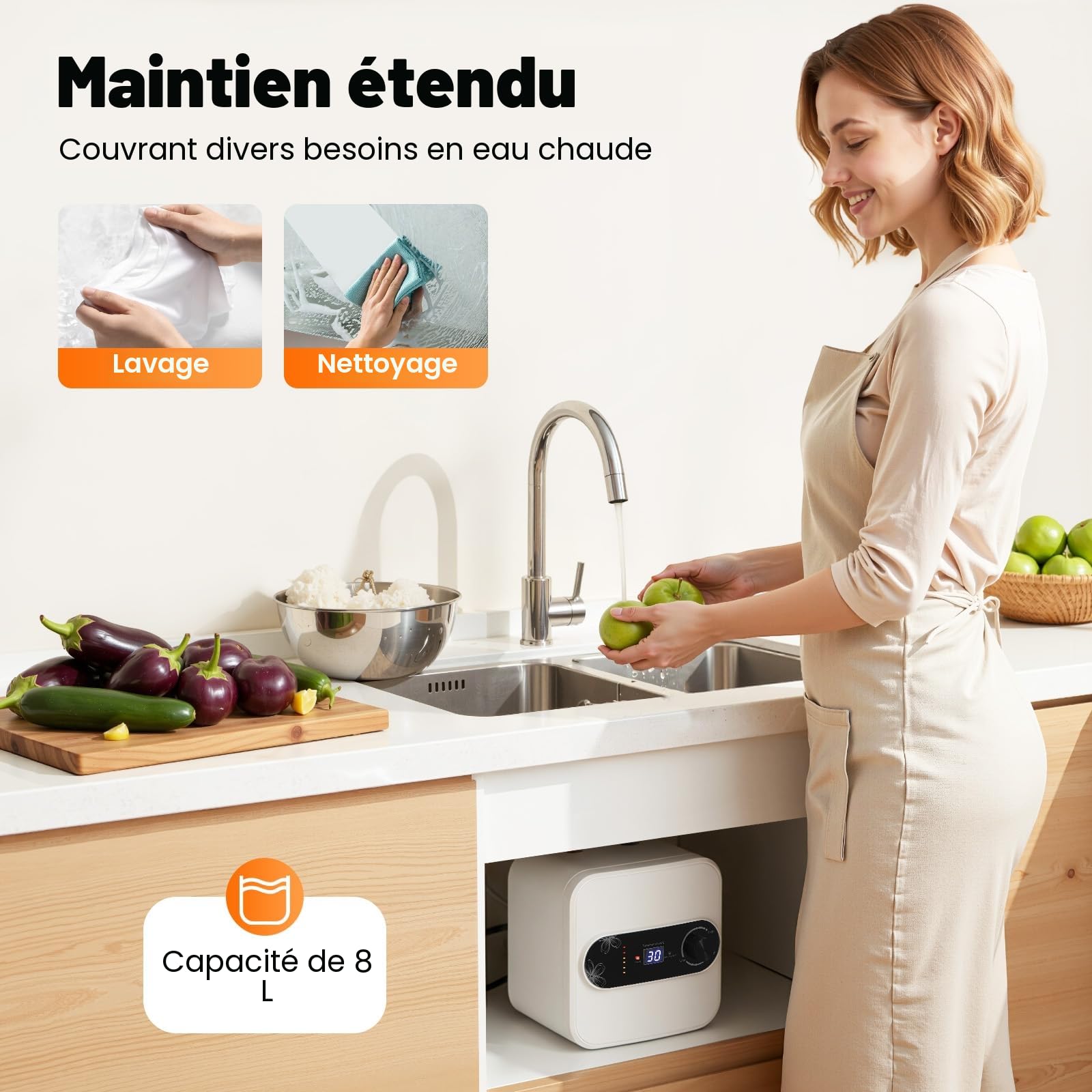 Chauffe-eau sous évier 8 l - Chauffe-eau électrique - 1500 W 220 V - Chauffe-eau sous évier 30-65 °C - Pour lavabo, cuisine, salle de bain