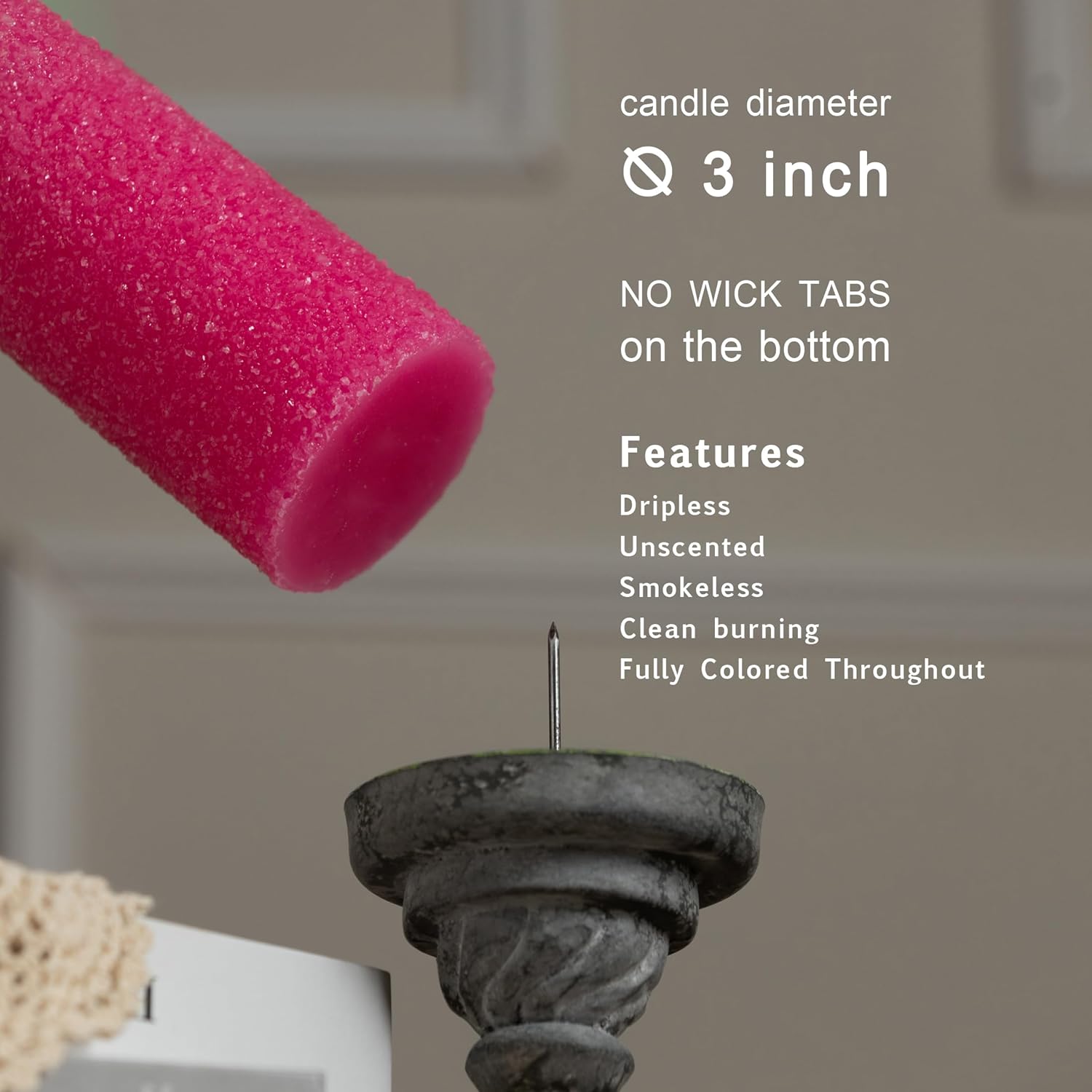 MOZEAL Hand-Poured Granular Texture Decorative Hot Pink Pillar Candles Set of 3 (3"x4", 5", 6"), Dripless, Unscented, Smokeless, for Women Gift, Birthday Party & Playful Valentine’s Décor