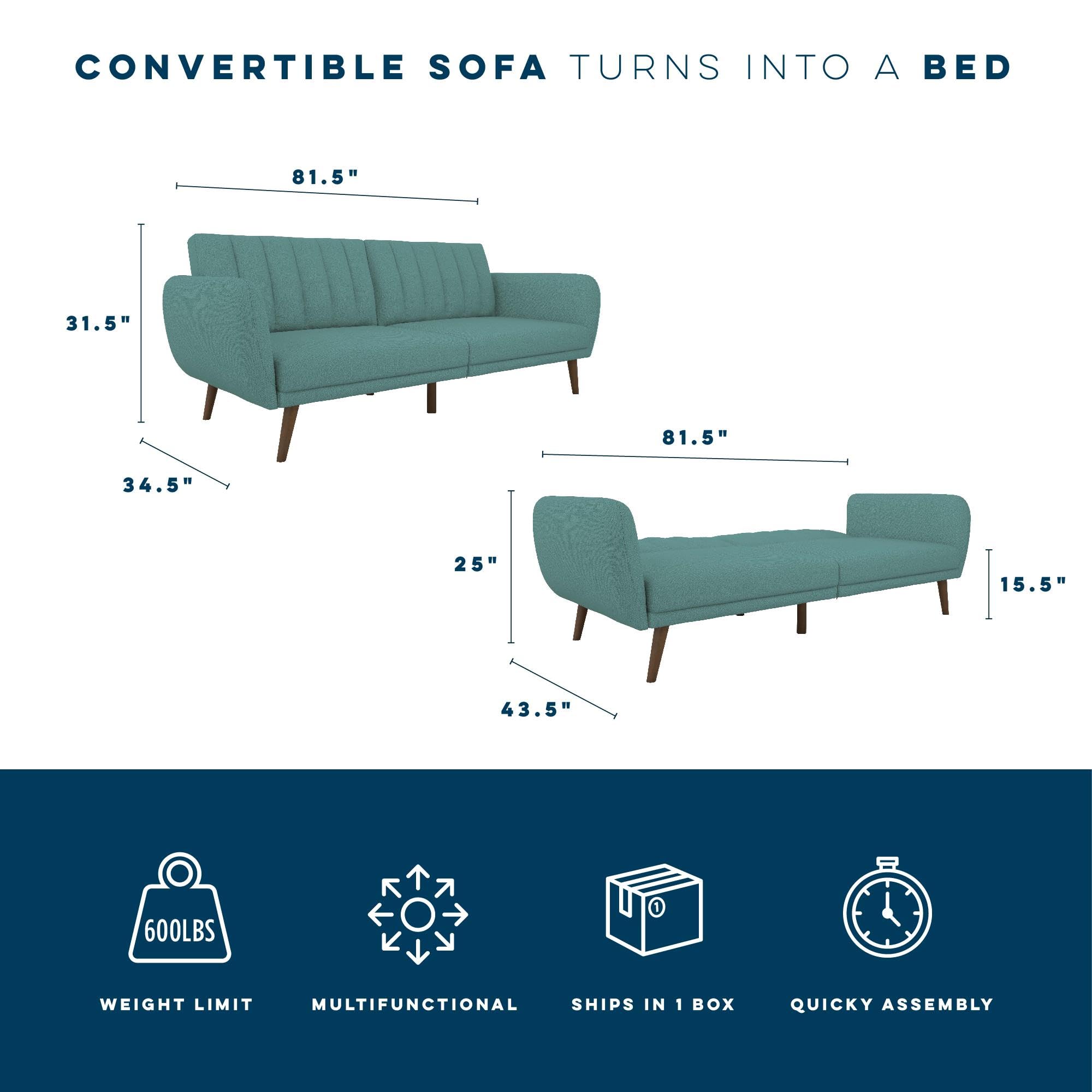 Novogratz Brittany 82 Inch Futon Sofa Bed in Faux Leather, Upholstered Couch Sleeper with Tufted Back, Mid-Century Modern Design, Teal