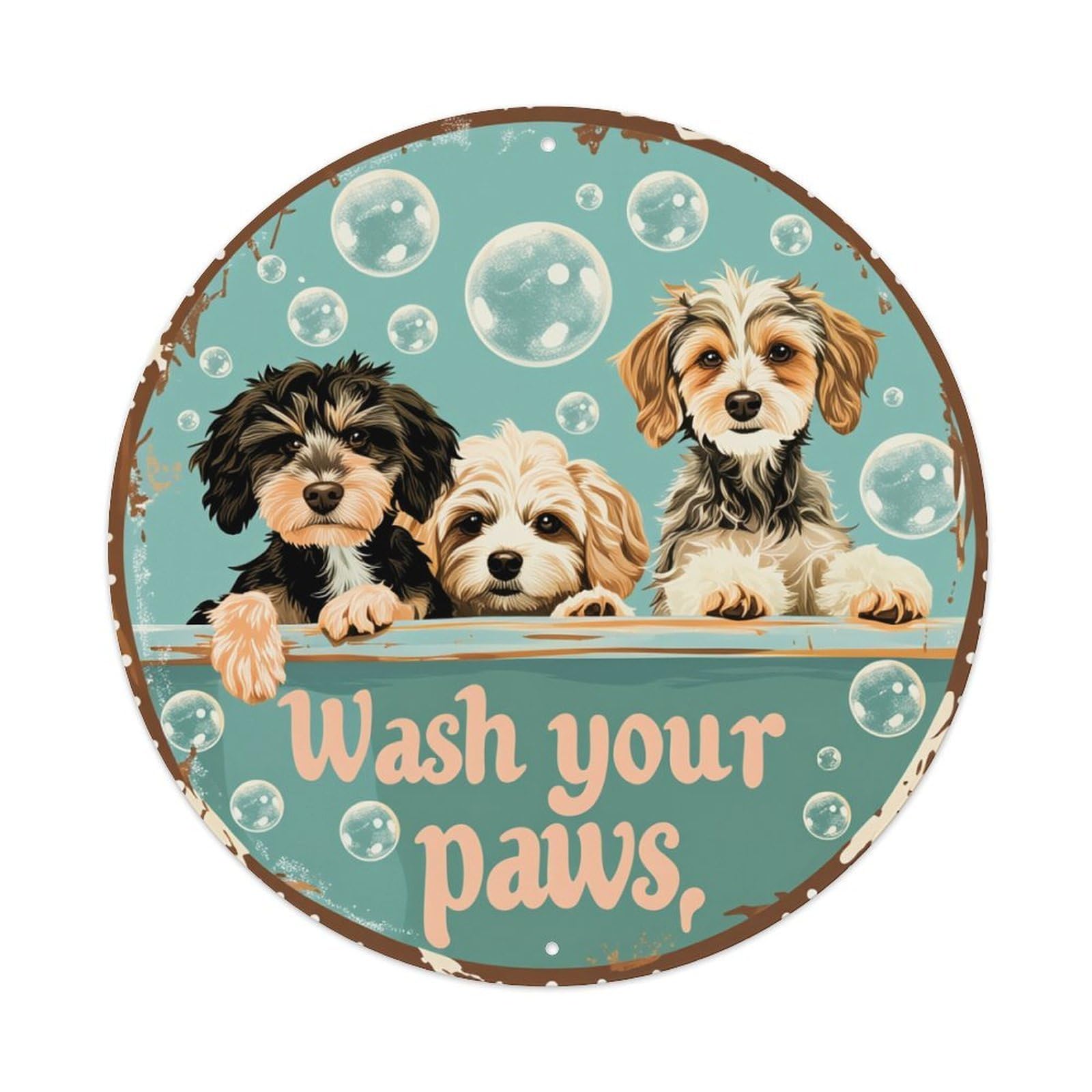 Cute Dogs Bubbles Paws Sign Round Tin Sign Retro Metal Sign for Cafe Bar Pub Home Game Room Gym Club Wall Decoration Vintage Metal Poster 8x8 Inch