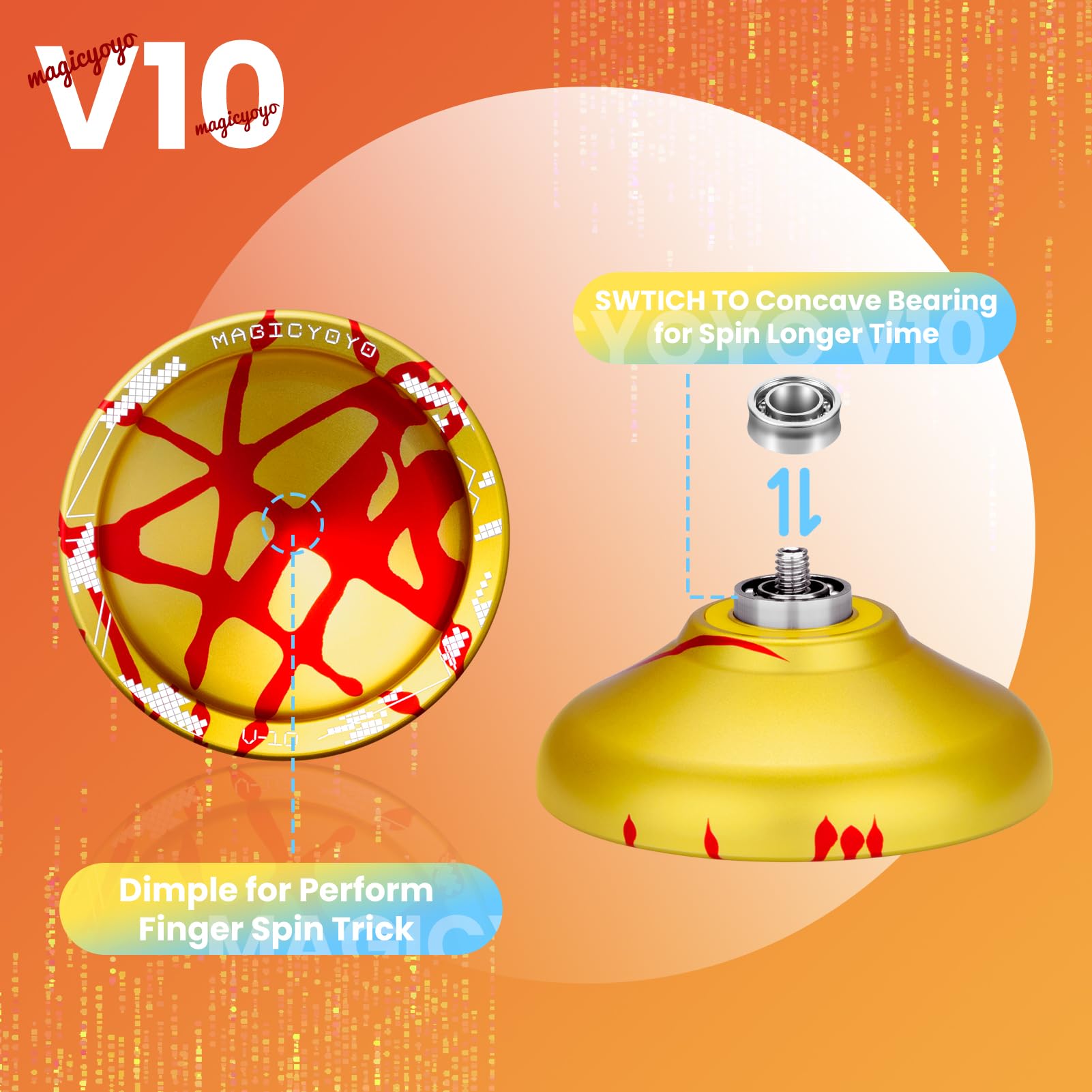 Yoyo Professionnel YOSTAR V10 Métal Non Réactif - Jojo Finger Spin Vert-jaune, Roulement U, 12 Ficelles, Housse Et Gant Inclus - Pour Adultes Et Avancés