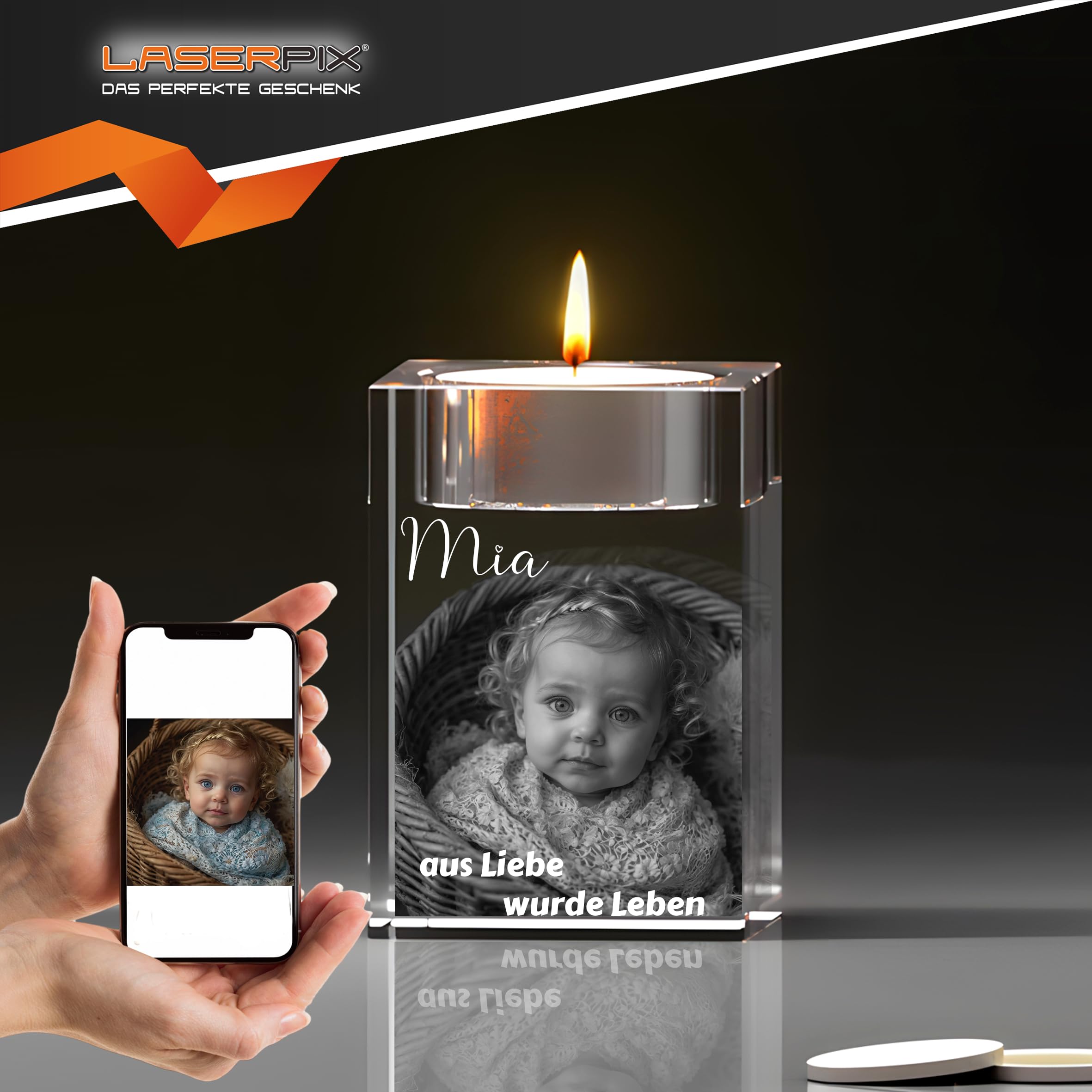 3D Taufkerze in Glas – Personalisierte Gravur mit Teelicht, Erinnerungsgeschenk zur Taufe, 3D-Foto, emotionales Geschenk, lebenslange Freude