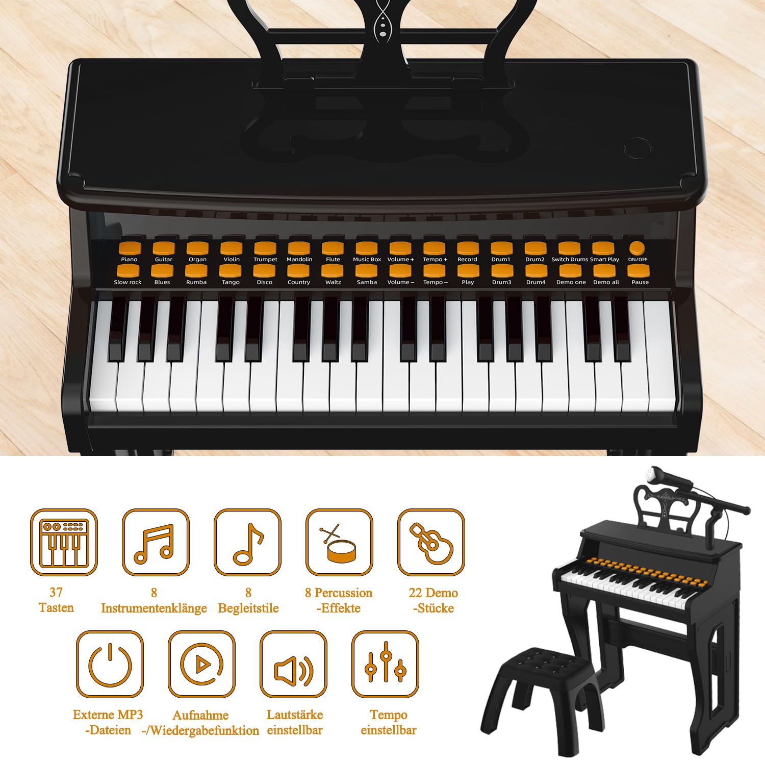 Kinder Klavier Keyboard Spielzeug, Kleinkind elektronische Musikinstrument Lernspielzeug mit Mikrofon und Hocker, Weihnachten Geburtstag Geschenk für 3+ Jahre alt (schwarz)