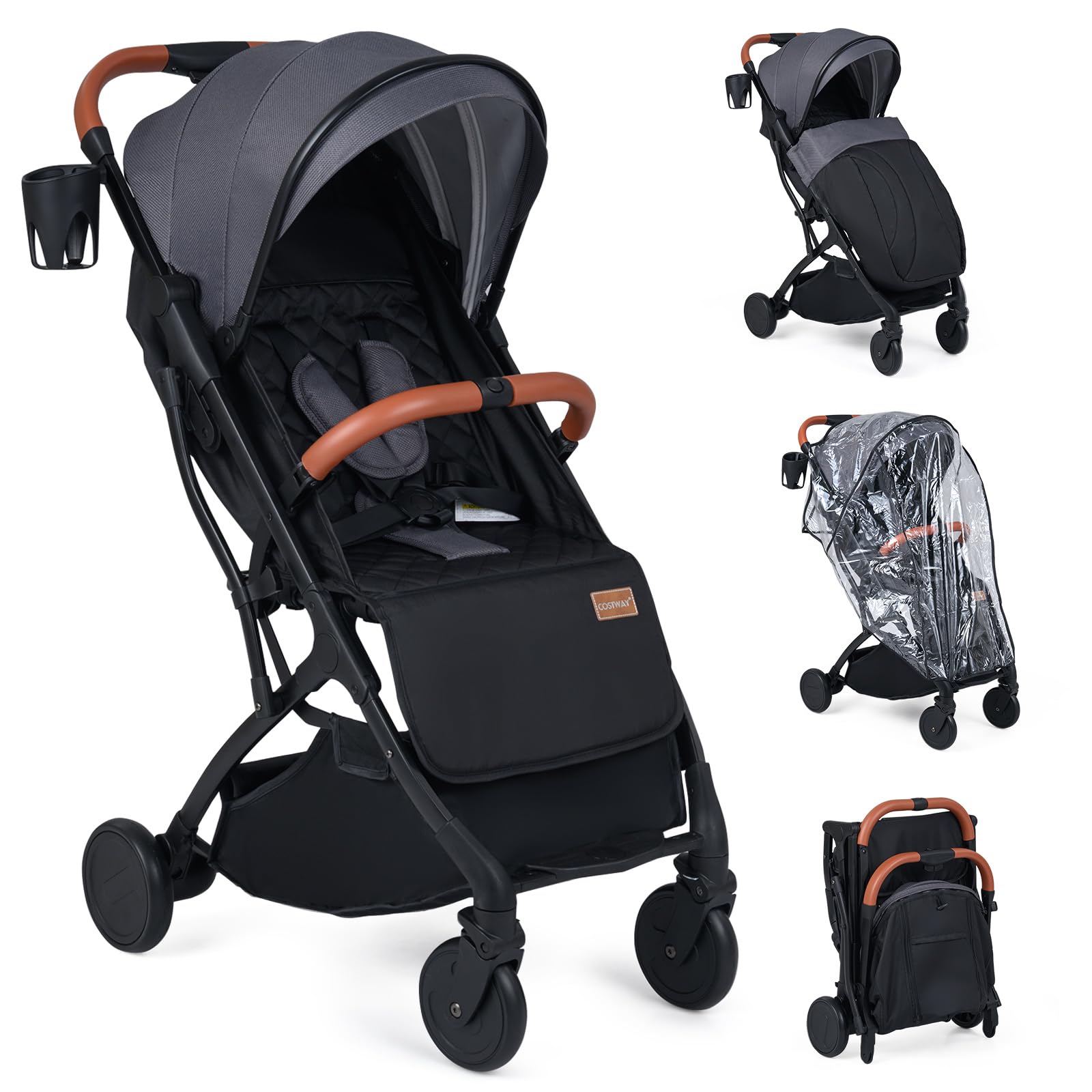 COSTWAY Poussette Canne Bébé avec Capote Réglable & Dossier Inclinable, Poussette Compacte Pliable à une Main, avec Harnais 5 Points, Grand Panier, Porte-Gobelet, Housse Pluie, 0-3 Ans, 15 kg (Gris)