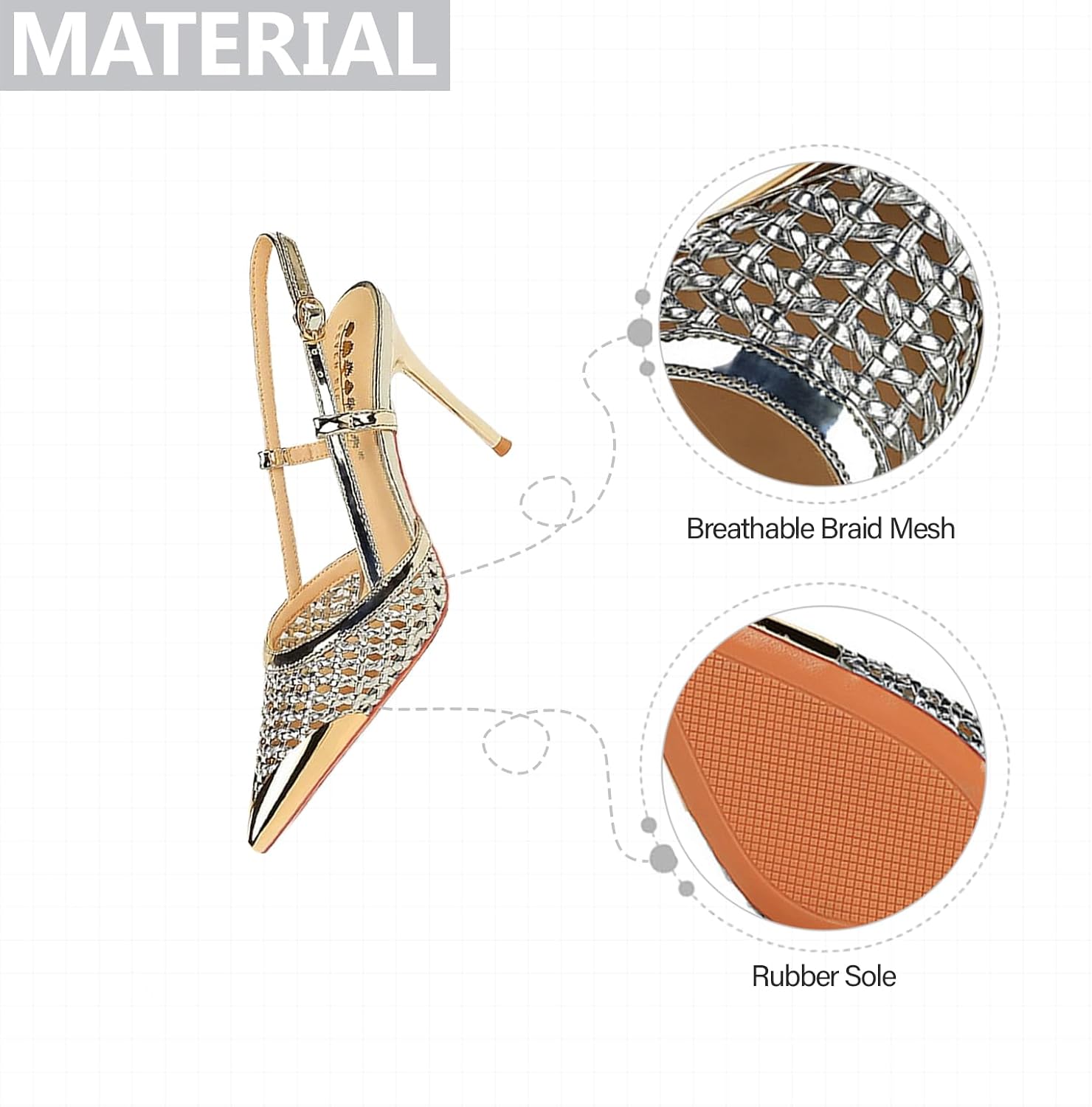 Womens Metal Pointed Toe Slingback Stiletto Pumps Elegant Closed Toe Breathable Braid Mesh High Heel Sexy Dress Sandals With Adjustable Ankle Straps For Prom Wedding Party Office