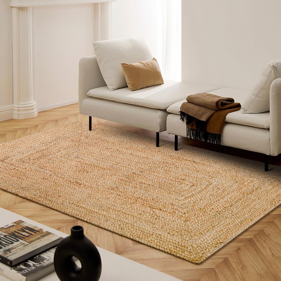 Hand Woven Jute Braided Rug 3x5 Feet Rectangular - Rustic Farmhouse Bohemian Accent Rug for Living Room Bedroom Kitchen Entryway Reversible Floor Mats - 100% Natural Jute Area Rug Natural Jute 3' x 5' (Rectangular)