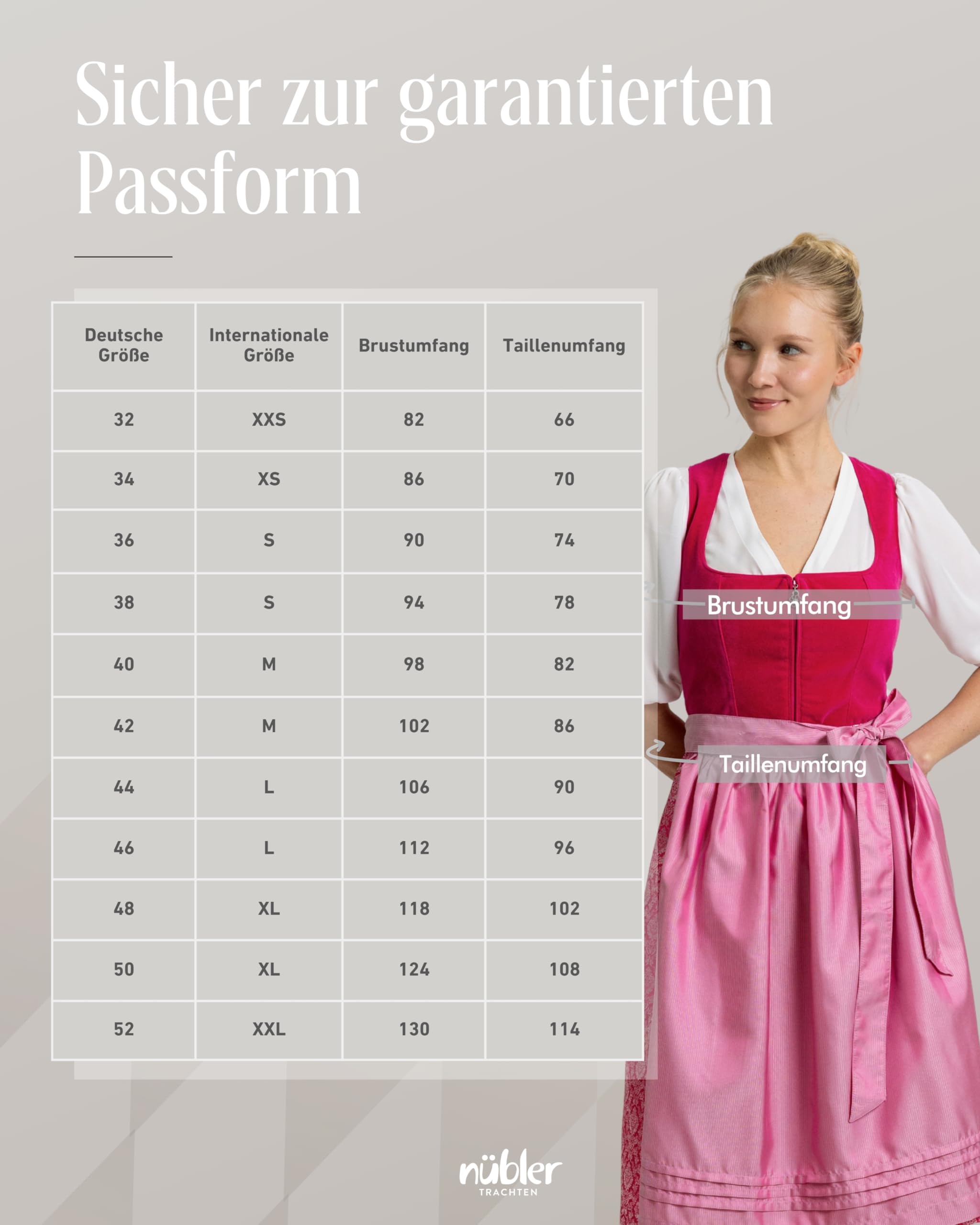 Nübler Damen Dirndl Karla I Größen 30-48 I Midi-Dirndl mit Rocklänge 70 cm & passender Schürze I Festliches Trachtenkleid mit modernem Schnitt & dezenten Details I Ideal für Trachten & Festlichkeiten