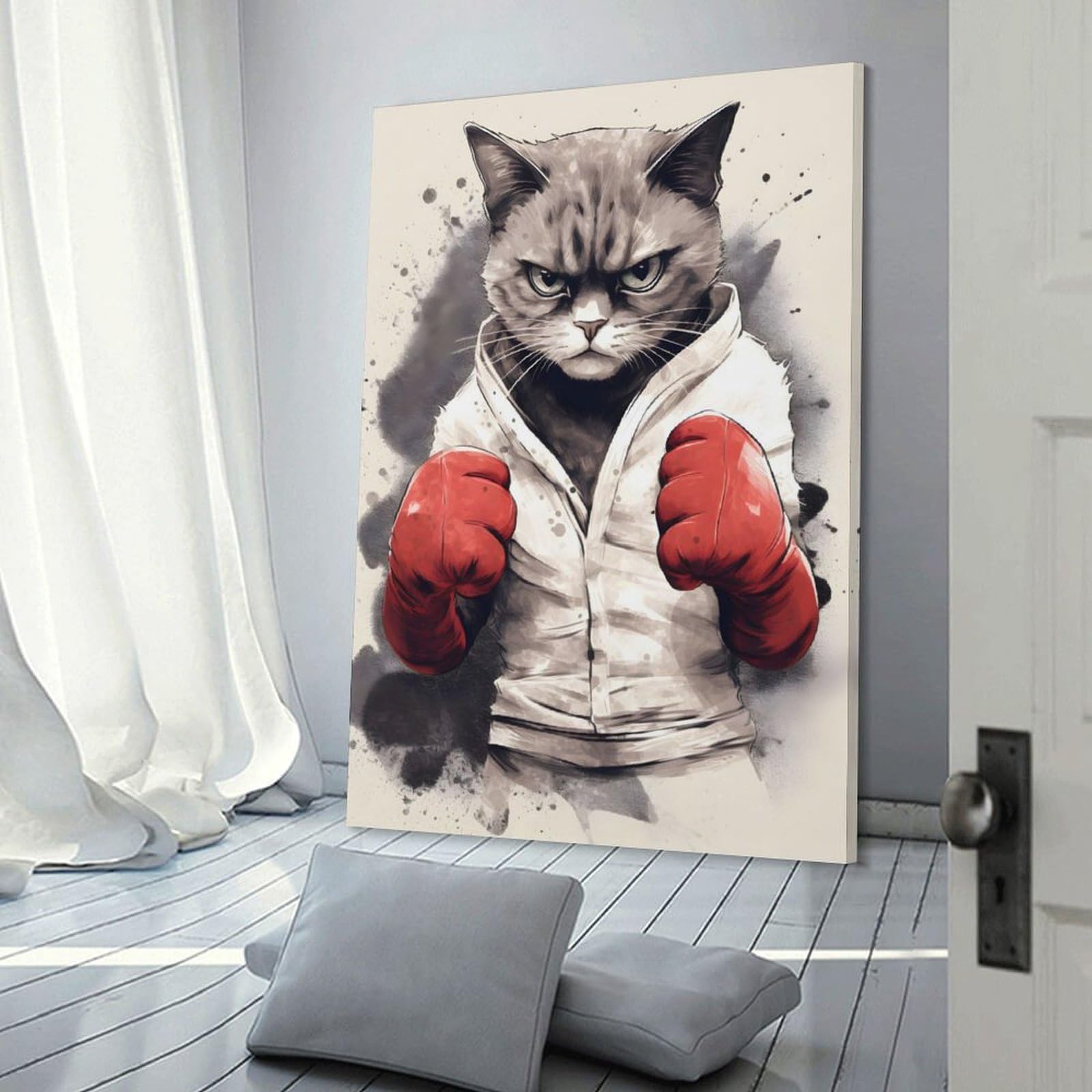 Junmoney Frame-Cat Boxer Wearing Gloves Canvas Wall Art Cat Boxer Wearing Gloves, 24X36inch(60X90cm), For Living Room, Bedroom, Office Or Hallway, Decorative Artwork With Broad Appeal