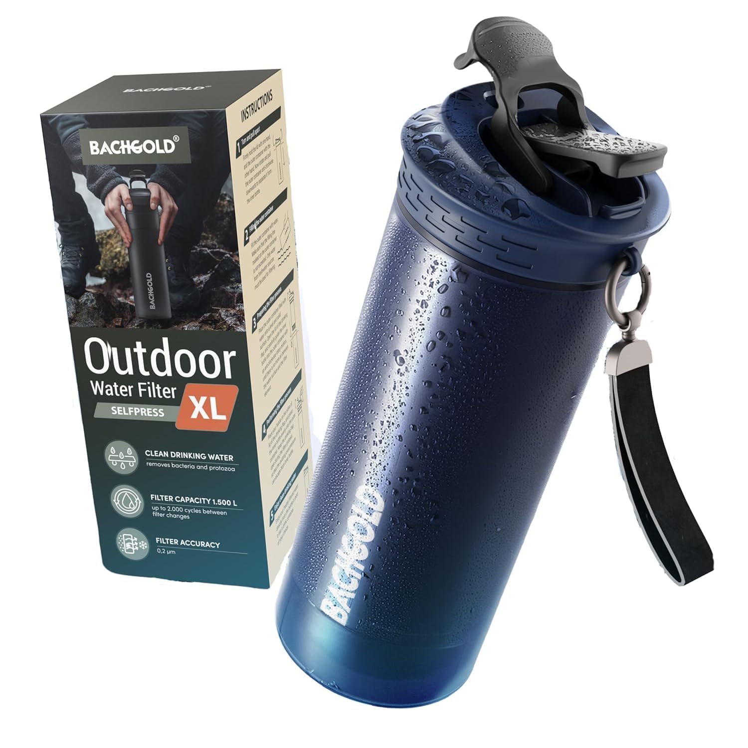 Bachgold Water Filter Camping [800 ml]- XL Portable Water Filter Hiking & Backpacking - Water Purification Bottle Clean Water in Seconds for Outdoor & Survival Adventures