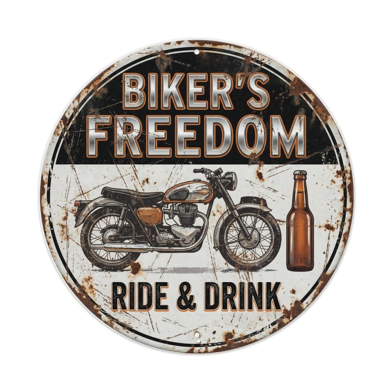 Biker Freedom Lounge Beer Metal Tin Sign Plaque Wall Decor for Cafe, Club Bar, Office, Home Garden Round Metal Poster 8x8Inch