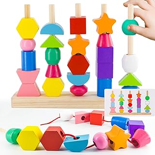 Montessori Toys for 1-3 Year Old Toddlers, Stacking Blocks & Lacing Beads Threading Toys & Matching Shape Stacker Christmas Stocking Stuffers Learning Gifts for Ages 2-4 Preschool Boys Girls Birthday