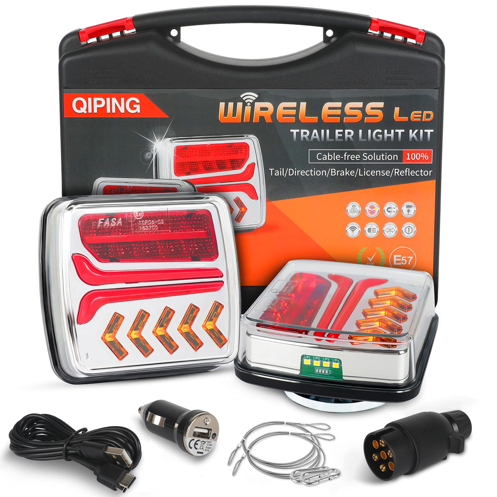 Fanali Posteriori Rimorchio Senza Fili, Magnetico 12V Universale Rimorchio Luci Posteriori Kit con Spina 7Poli per Trattore,RV,Autocarro,Camion, E-Mark
