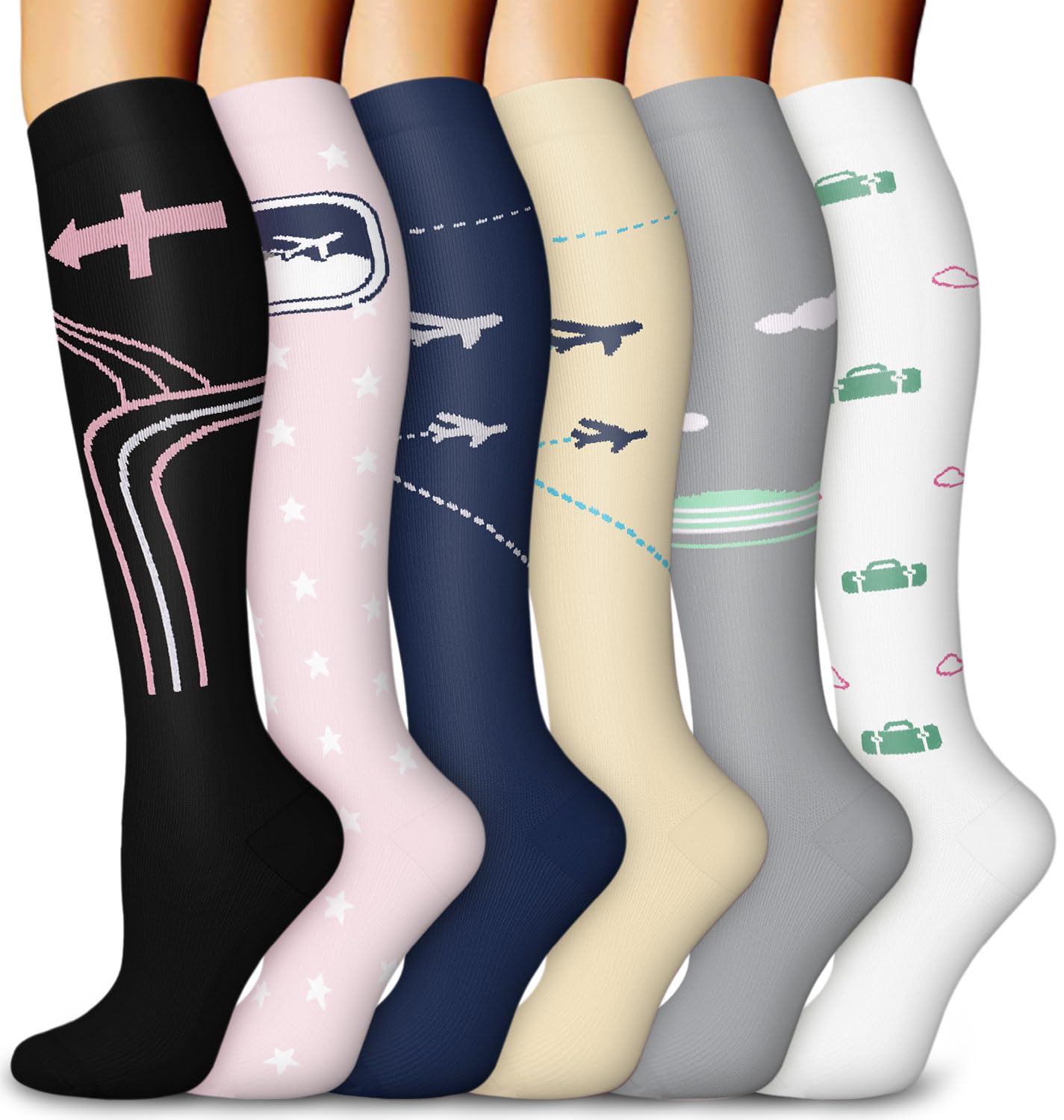 BLONGW 6 Paar Kompressionsstrümpfe Damen Herren Kniestrümpfe Stützstrümpfe | Compression Socks Sport Thrombosestrümpfe für Flug Kompressionssocken Laufen Reisen