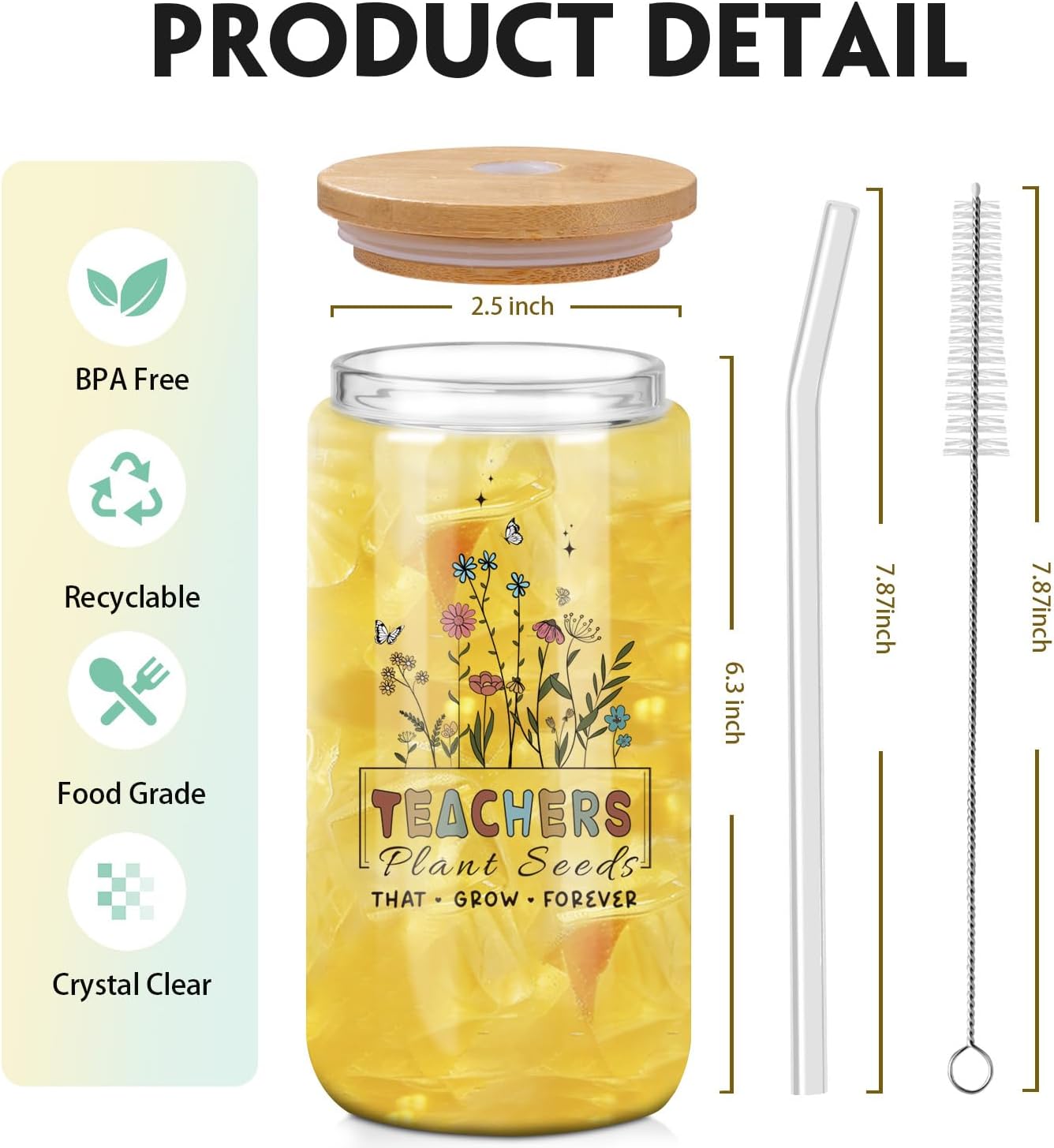 Teacher Appreciation Gifts - 16oz Can Shaped Glass Cup With Lid And Straw For Teacher 's Day Appreciation Gifts - Unique Thank You Teachers Gift Mothers Day Graduation from Students, Graduation Party - Image 2