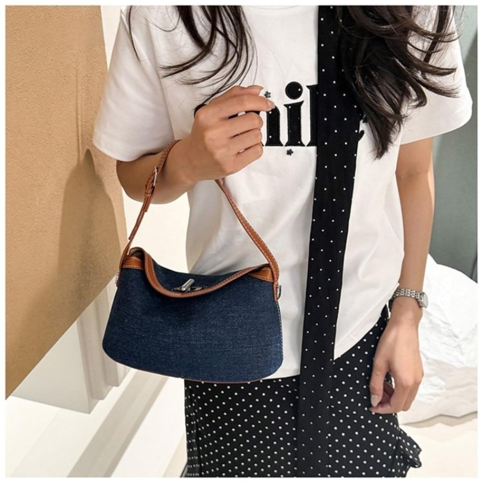 Bolso Mujer Hobo De Hombro Diario para Las Mujeres Denim Azul Claro con Cremallera Gran Capacidad Decoración Oscura-Blue