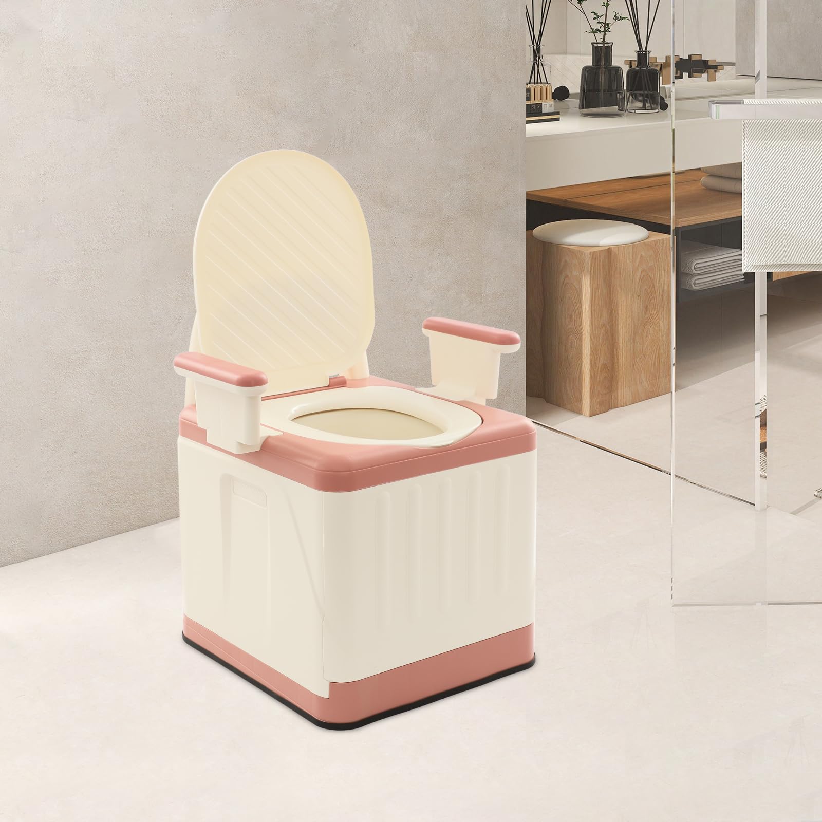 Przenośna toaleta Bedside komoda toaletowa z pokrywką, przenośne krzesło do toalety z uchwytami, obciążenie 150 kg, do łazienki, sypialni, podróży, na kemping (różowa)