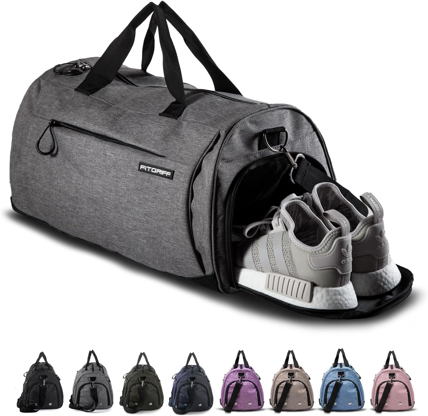 Fitgriff® Gym Bag V1 for Men & Women with Shoe & Wet Compartment - Duffle Bag for Travel, Sports, Fitness & Workout, Grey, 19 x 10 x 10″ (Small), Sporty