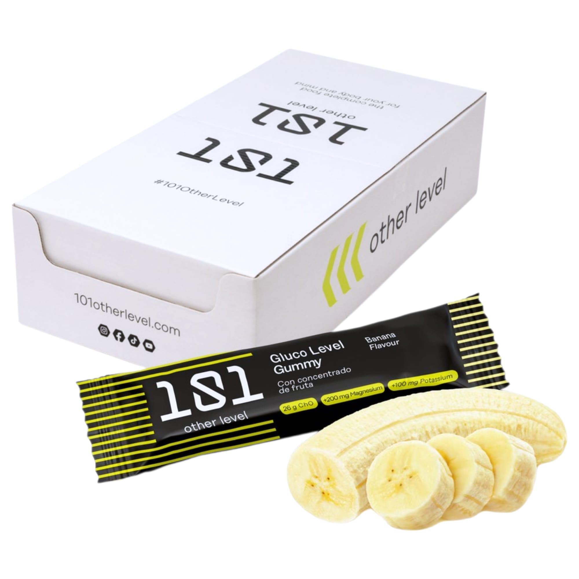101 Other Level Barritas Energéticas Gummy Pack 30 Barritas de 40 gr - Sabor Banana - Gominolas Deportivas de Carbohidratos para Ciclismo, Running y Trail - Energía Rápida y Fácil Digestión
