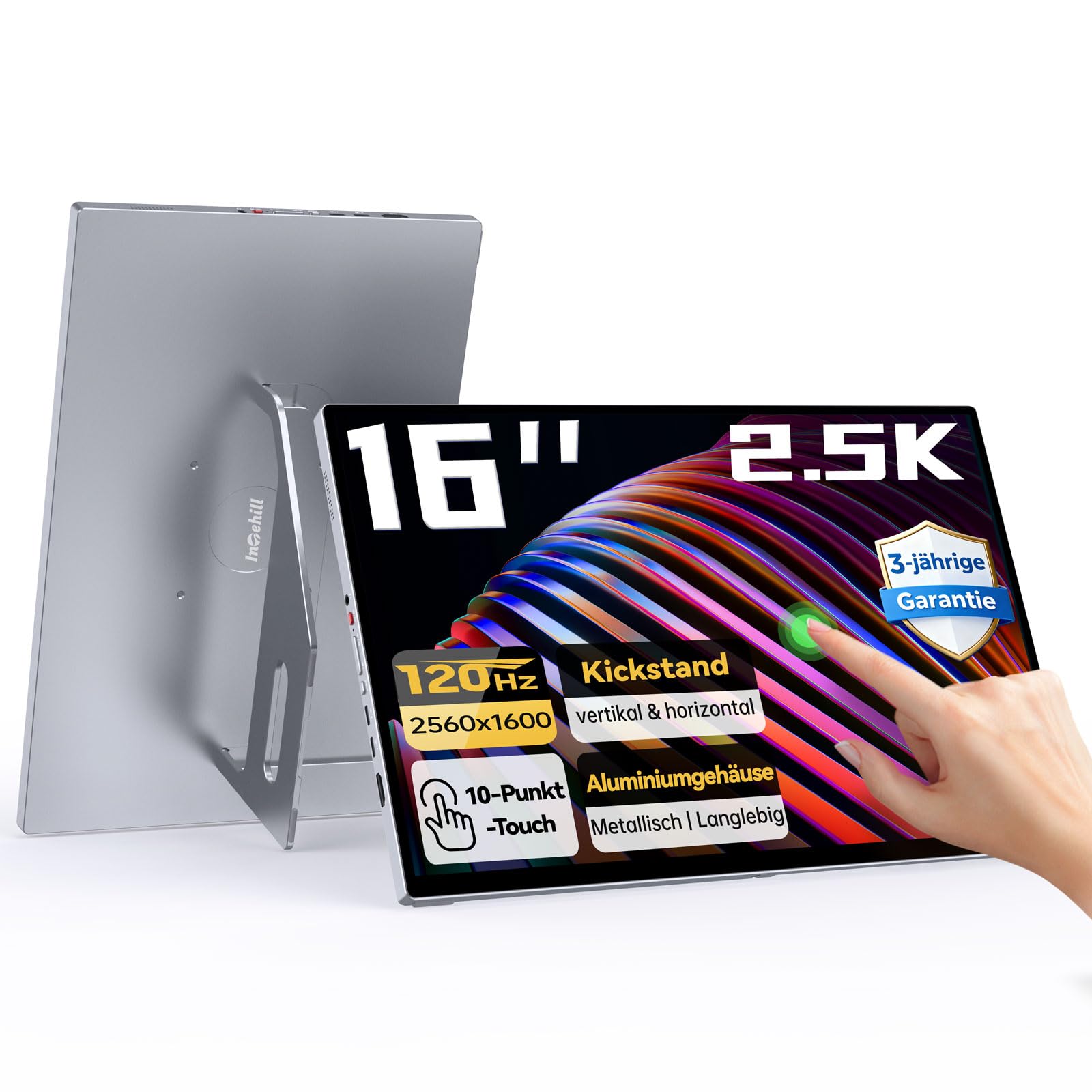 Intehill Portable Monitor Touchscreen 16 Zoll 2,5K 120Hz Gaming, Tragbarer Monitor Touchscreen, USB-C Monitor mit 10-Punkt Multi-Touch, 400Nits, 100% sRGB, Glänzend, VESA, Alu-Gehäuse