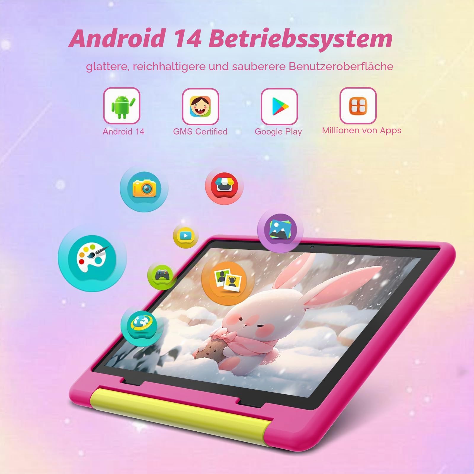 10 Zoll Kinder Tablet mit Hülle, Android Tablet für Kinder 3-12 Jahren, 14GB+64GB (1TB TF Expand), Octa Core CPU, 1280 * 800 HD Display, WiFi 6, BT5.3, Dual Kamera Tablets Tab Pad, Rosa