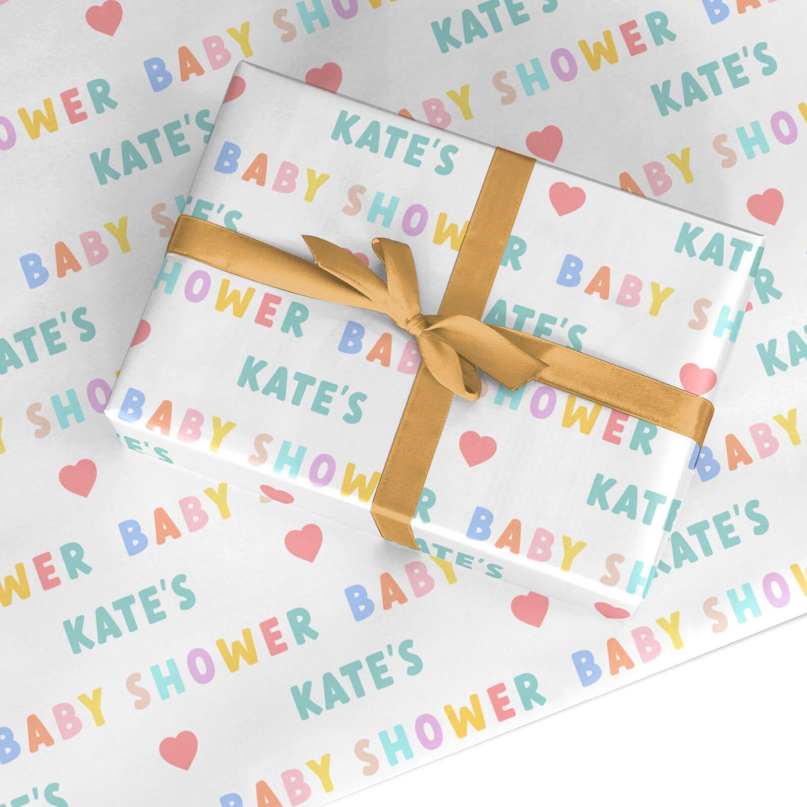 Personalised Baby Shower Wrapping Paper - Custom Gift Wrap with Name and Hearts - Colourful Letter Print Present Paper Made in the UK - Recyclable by Dyefor (60 X 67cm - 3 Sheets)