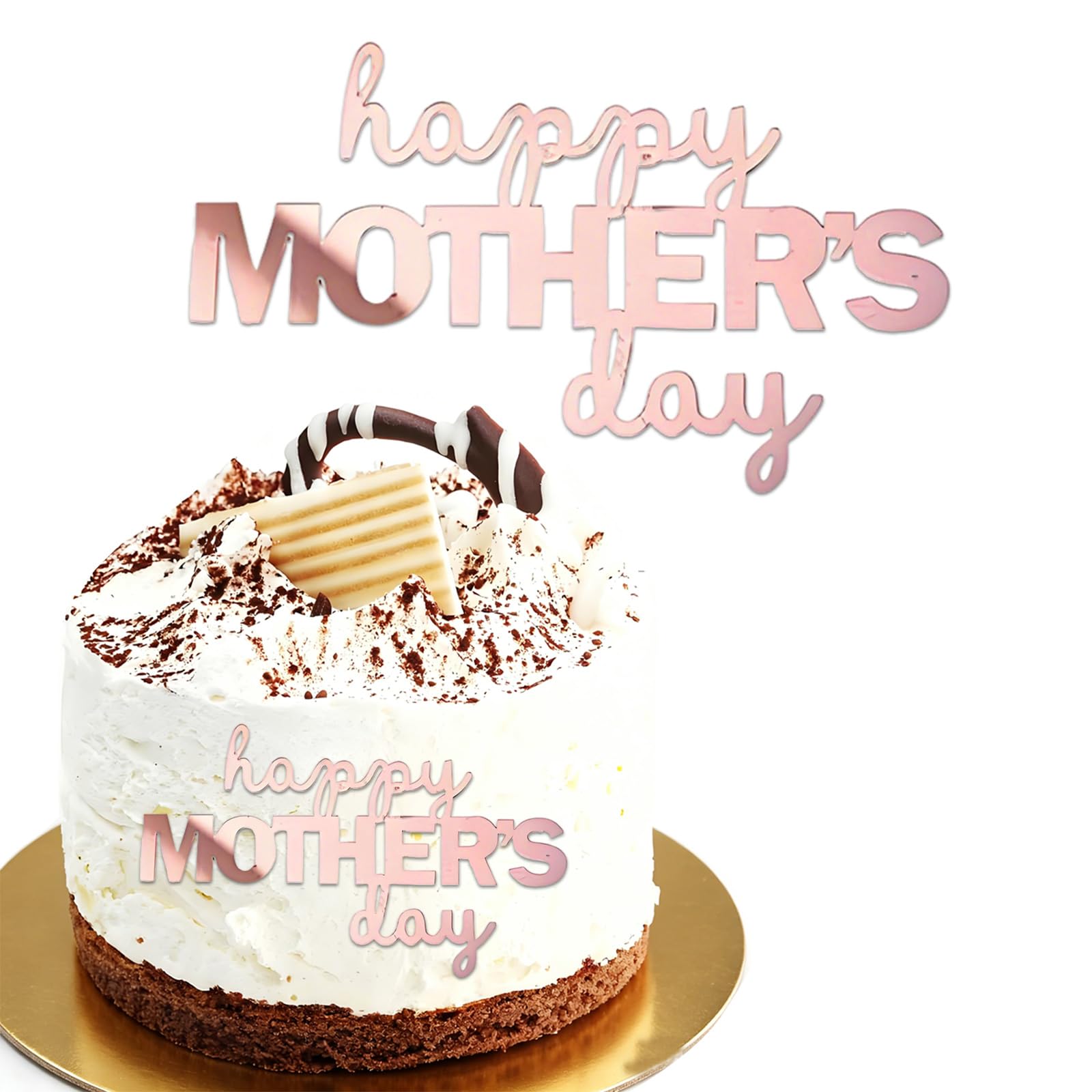 Photo 1 of 1 Pcs Glitter Happy Mother's Day Cake Topper, Acrylic Mirror Design Cake Sign, Beautiful Mother's Day Decor, Mom Birthday Party Cake Supplies (Rose Golden)