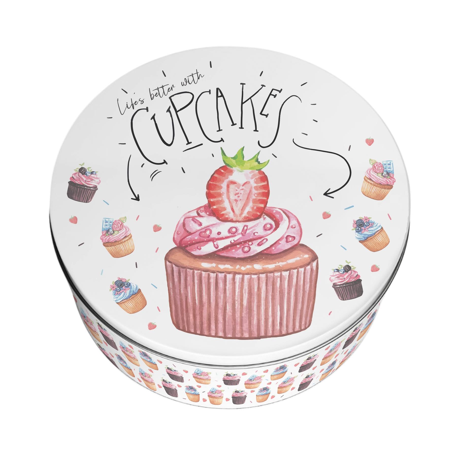 Purely Home Indulgent Cupcakes Large Cake Tin - Homeware Gifts Round Metal Storage Container for Baking 23 x 10cm