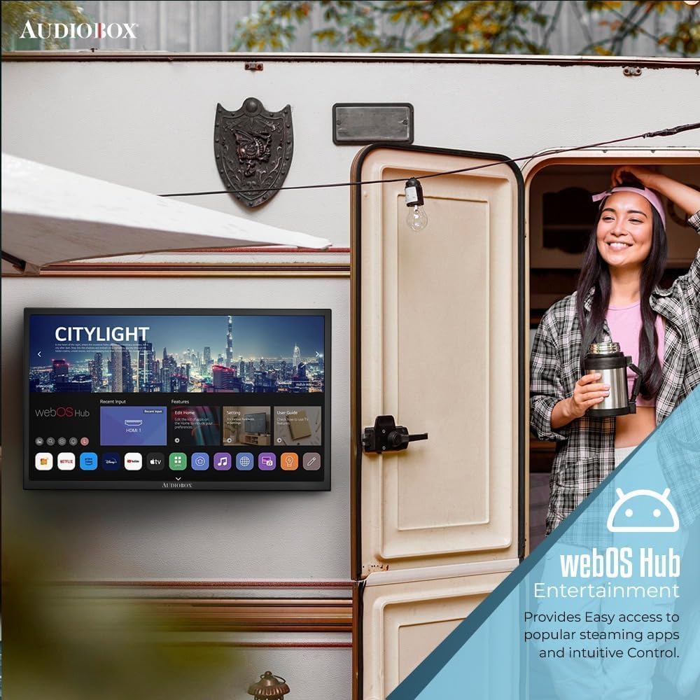 Audiobox 32” Smart LED HDTV – Full HD 1080p, webOS Hub, ThinQ AI, Dual-Band WiFi, Bluetooth, HDMI ARC, AC/DC 12V Compatible RV TV for Camping & Travel
