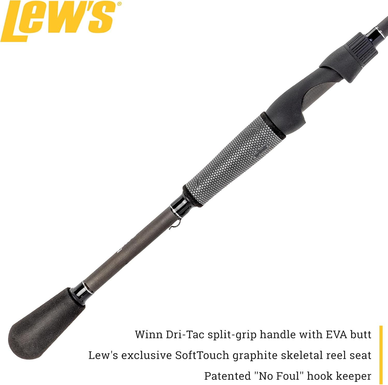 Lew's TP2 Spinning Fishing Rod, HM45 Graphite Rod, Winn Dri-Tac Split-Grip, SoftTouch Reel Seat, No Foul Hook Keeper, Black/Gray