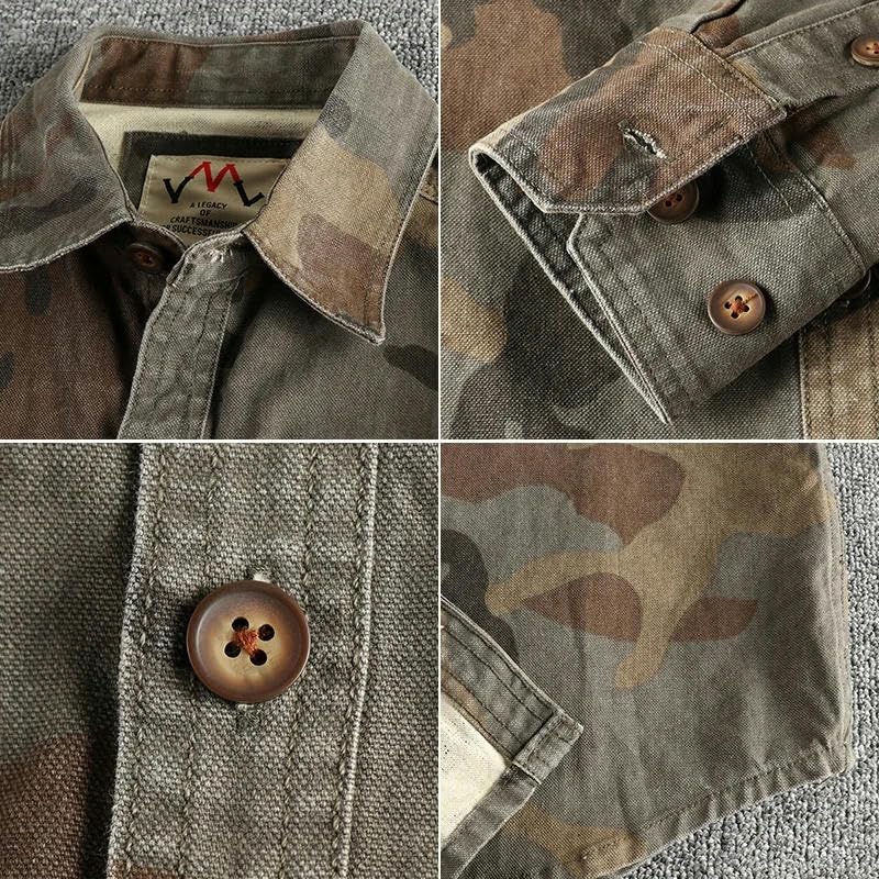 Autumn and Winter Retro Woven Camouflage Cargo Shirt Men's Cotton Washed Old Double Pockets Thin Jacket3